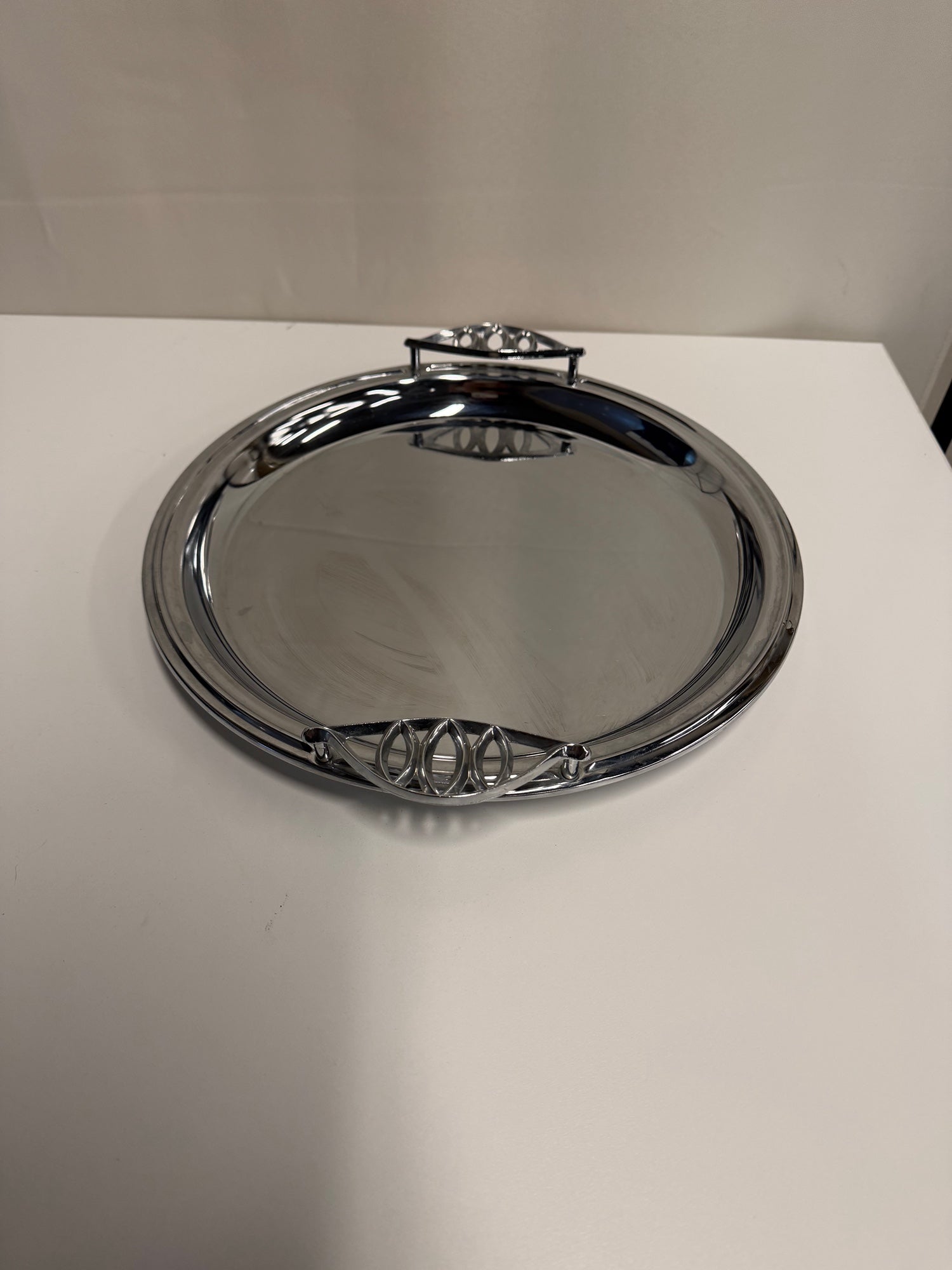 Polished Silver-Tone Oval Serving Tray with Decorative Handles