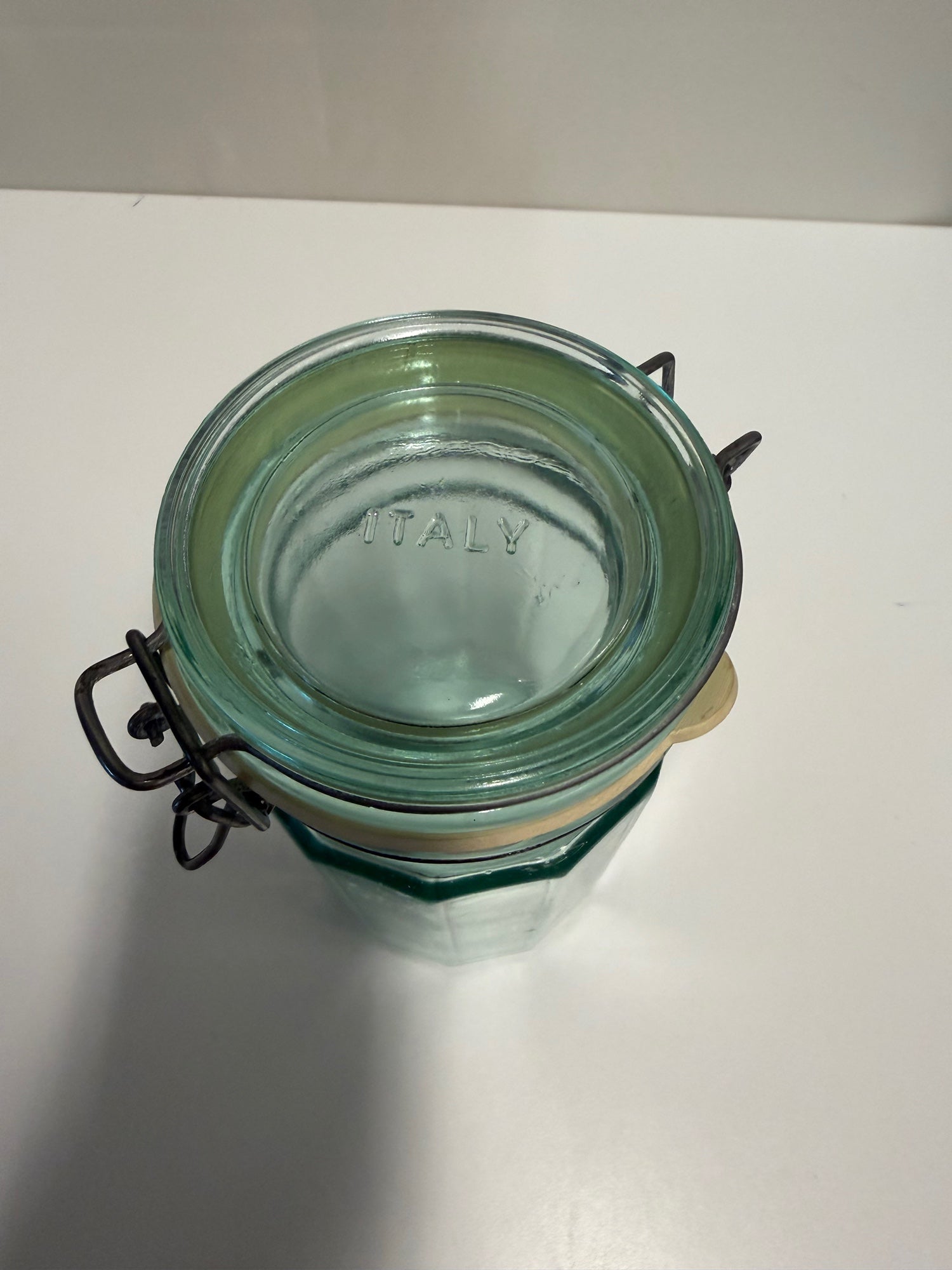Italian Octagonal Teal Glass Jar with Wire Bail Lid