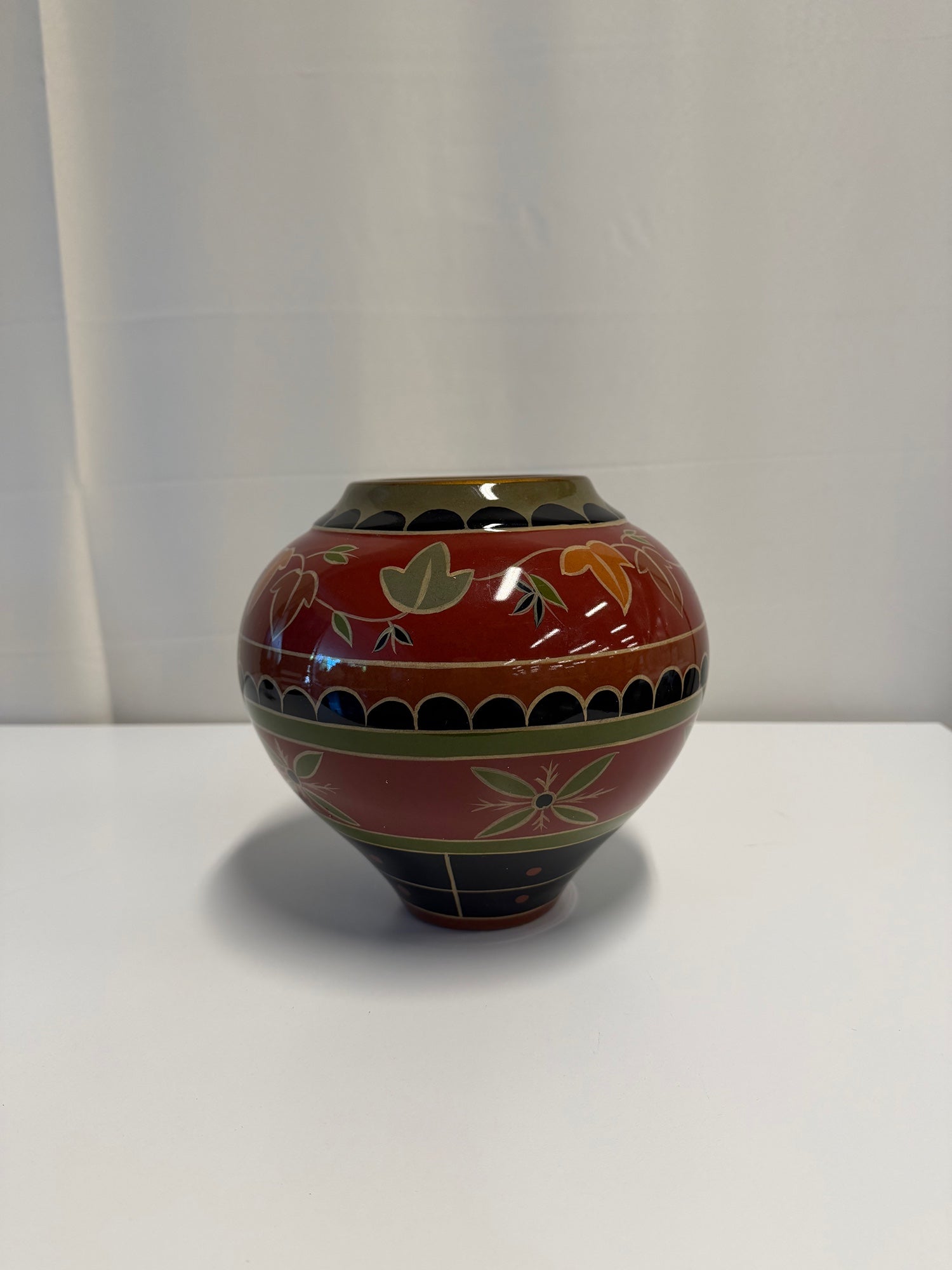 Red Ceramic Globular Vase with Botanical Motif