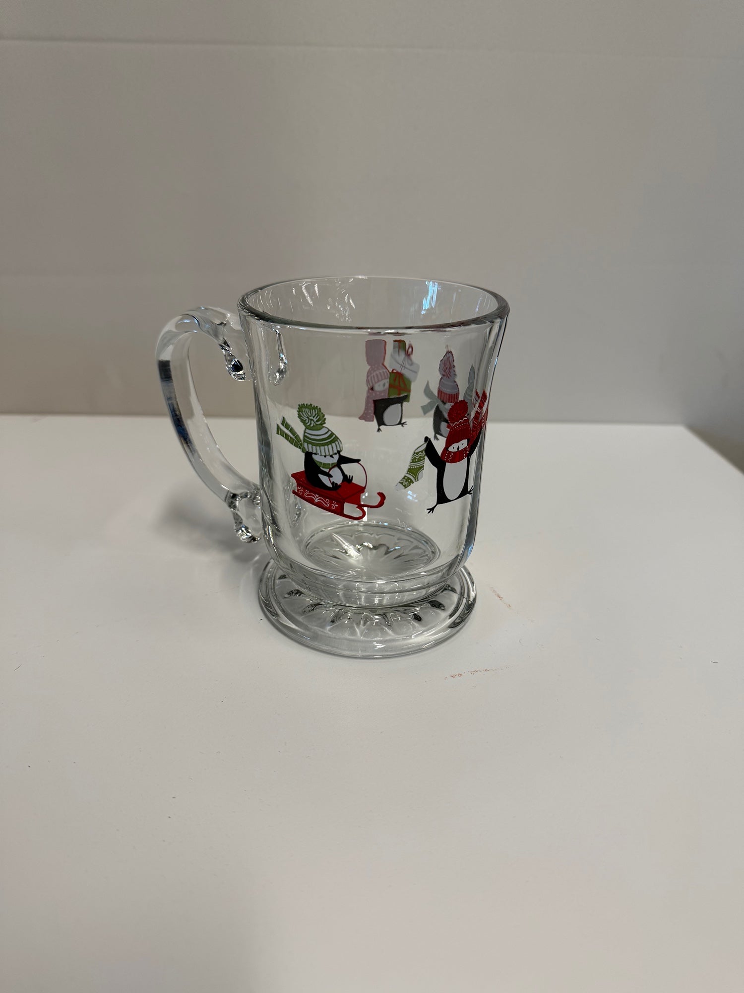 Festive Penguin Holiday Glass Mug with Footed Base