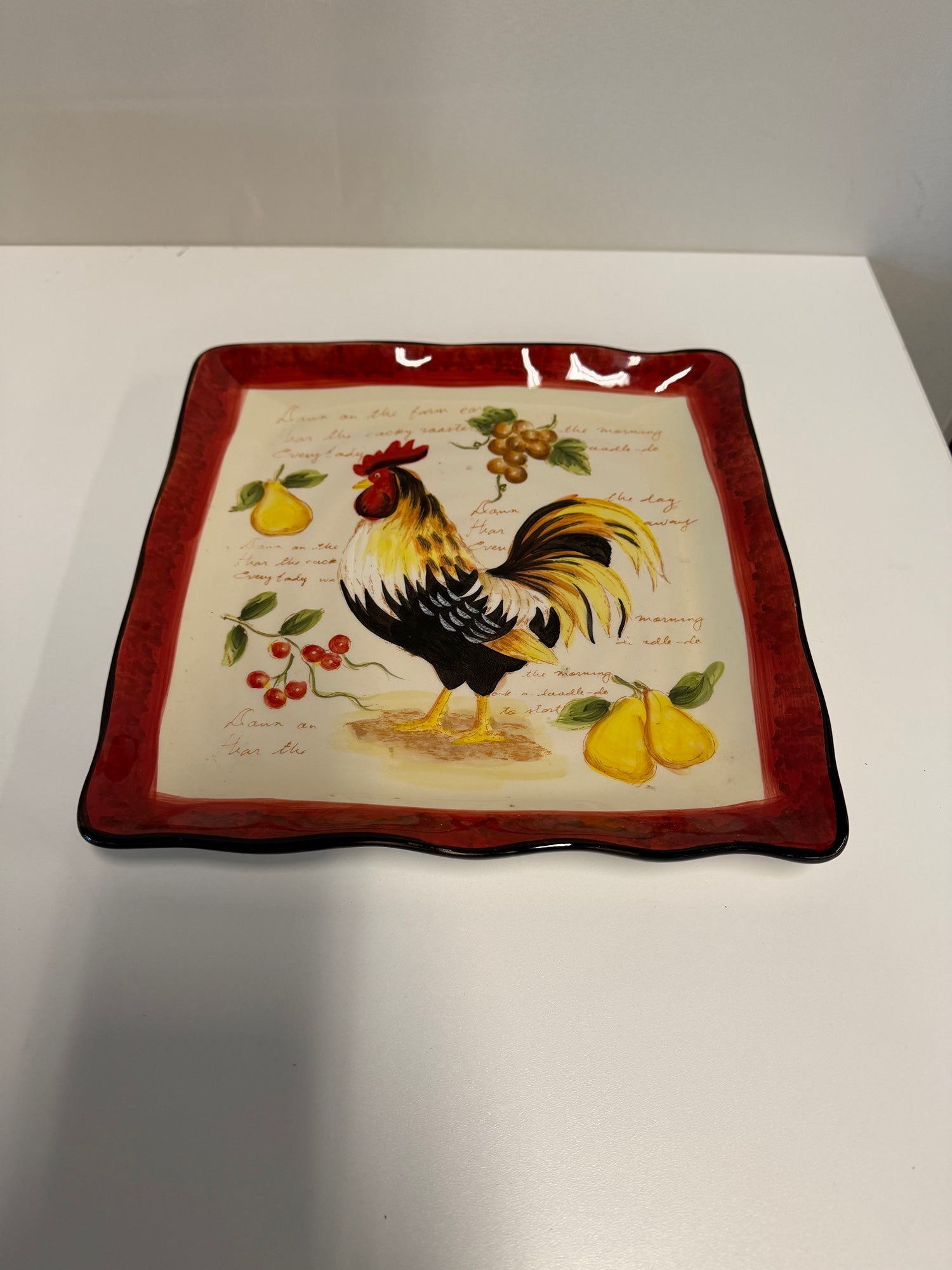 Fruity Rooster Farmhouse Square Ceramic Plate with Rooster & Fruit Motif