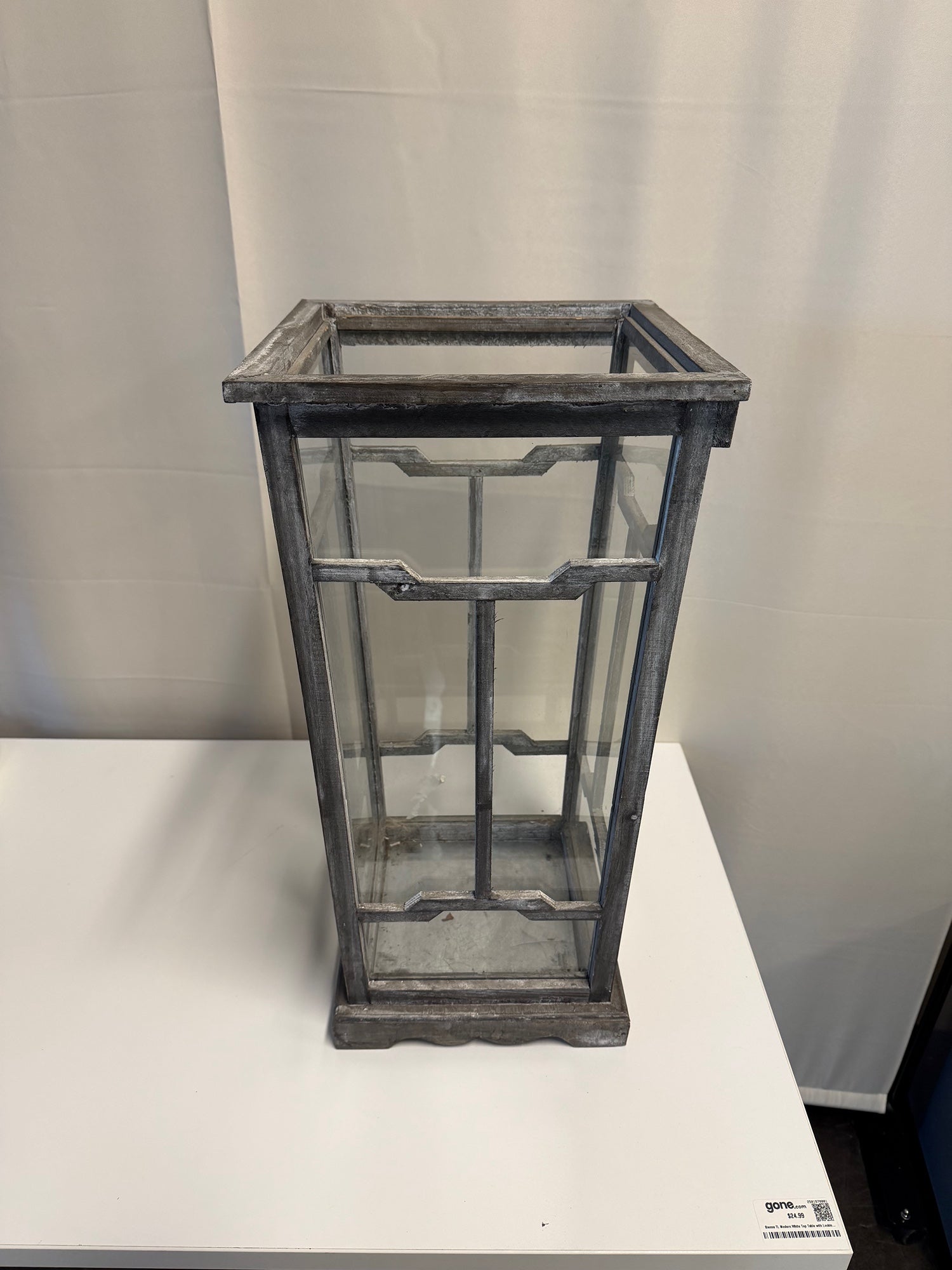 Distressed Grey Metal and Glass Display Lantern