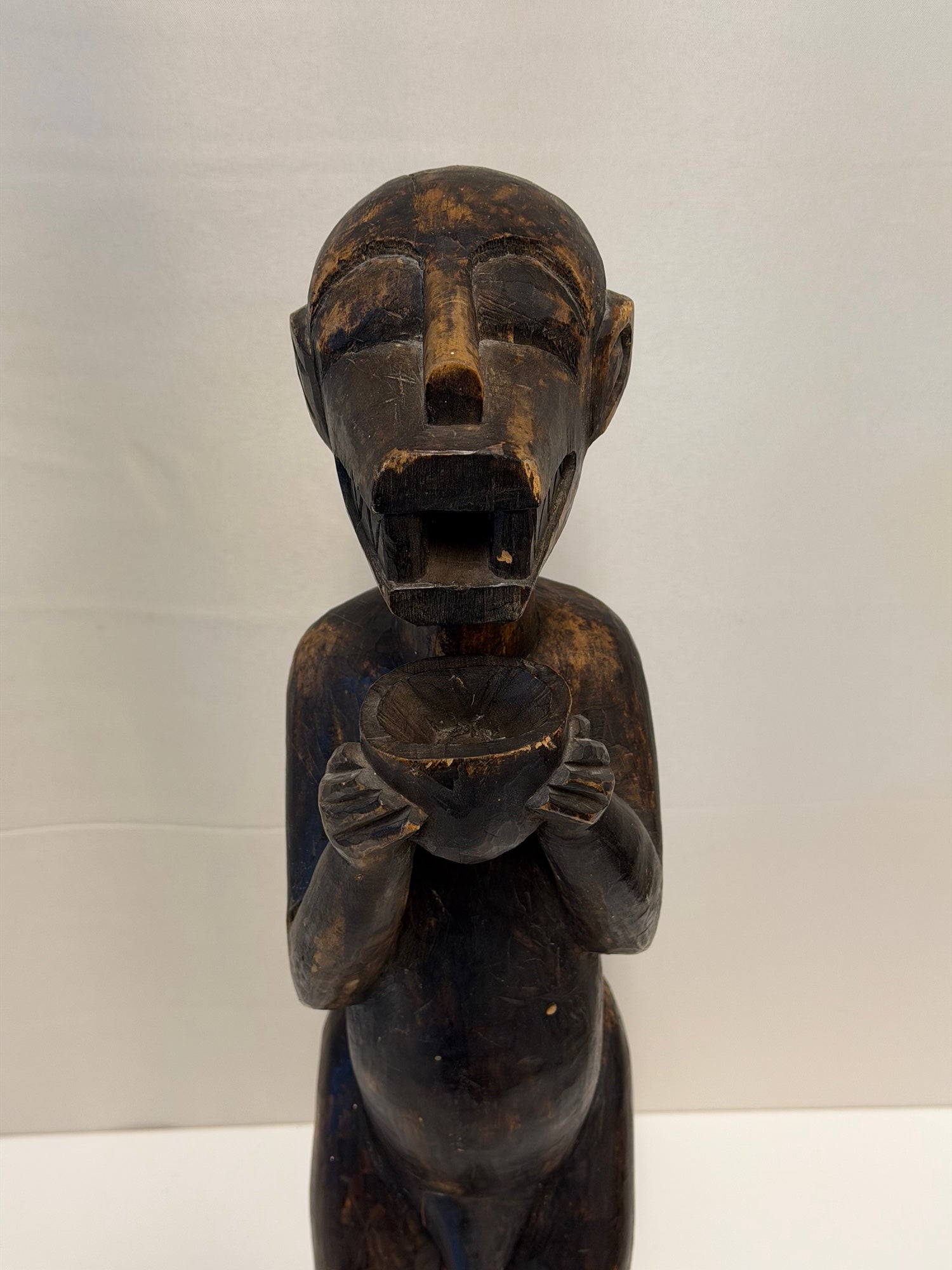 Antique African Hand-Carved African Fang Statue with Bowl