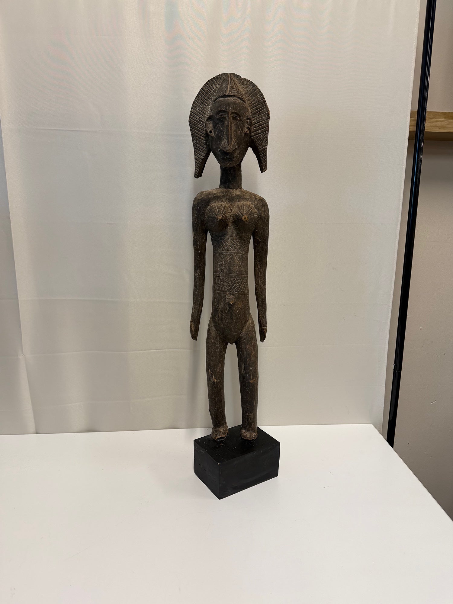 Hand Carved African Tall Bambara Standing Wooden Female Figure Sculpture