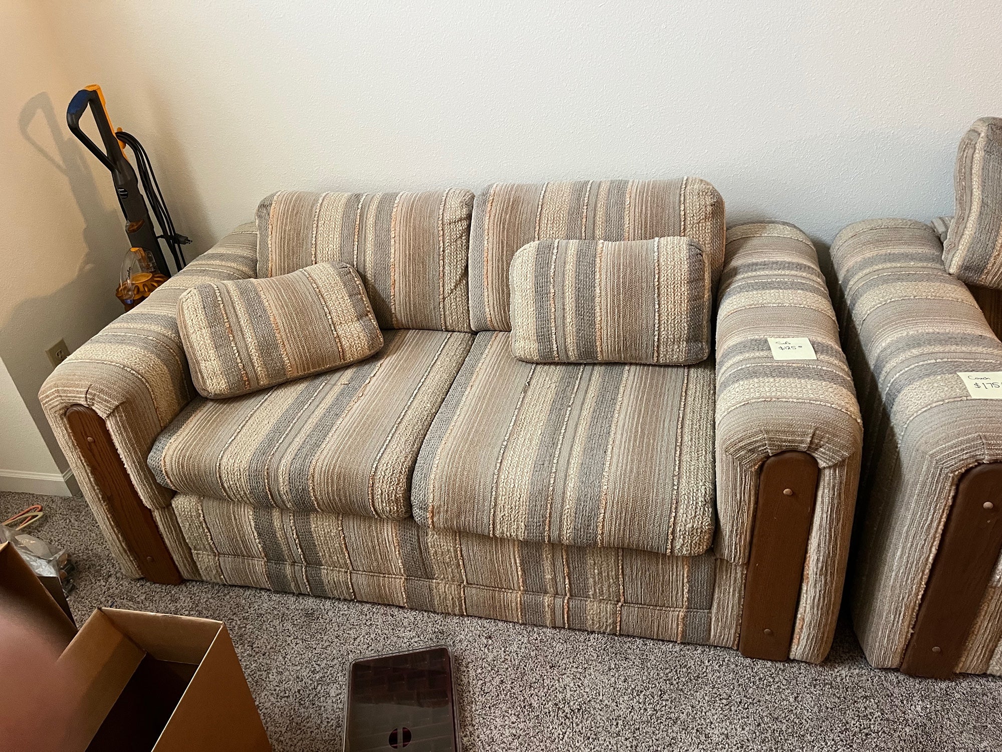 Neutral Stripe Upholstered Loveseat with Wood Arm Accents