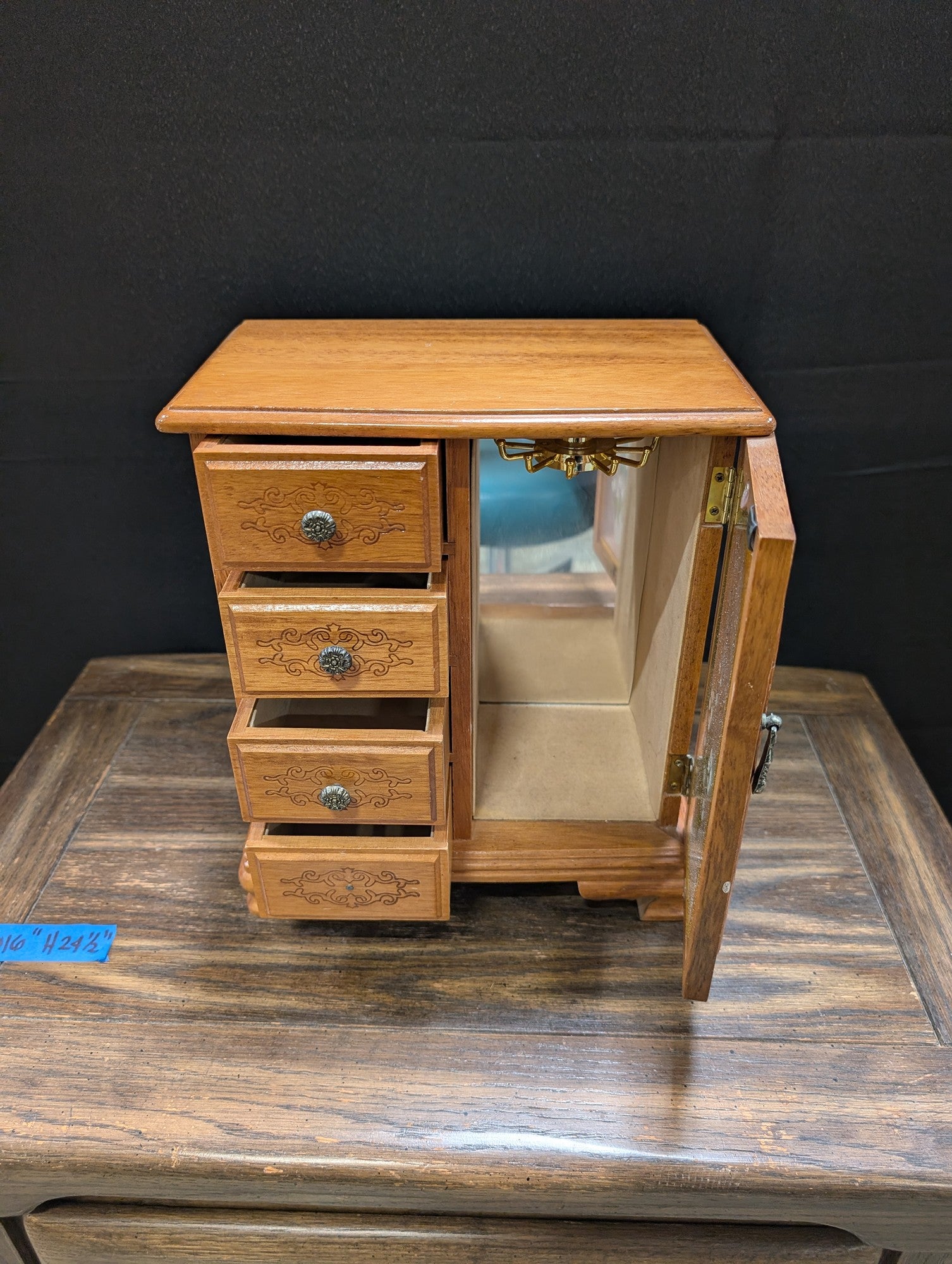 Vintage Wooden Jewelry Box with Floral Glass Door