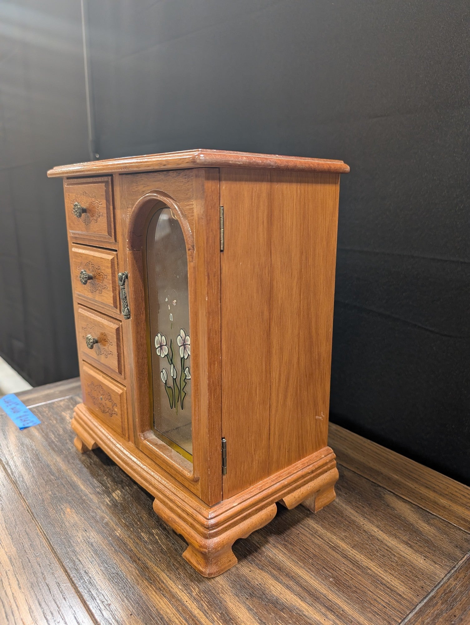 Vintage Wooden Jewelry Box with Floral Glass Door