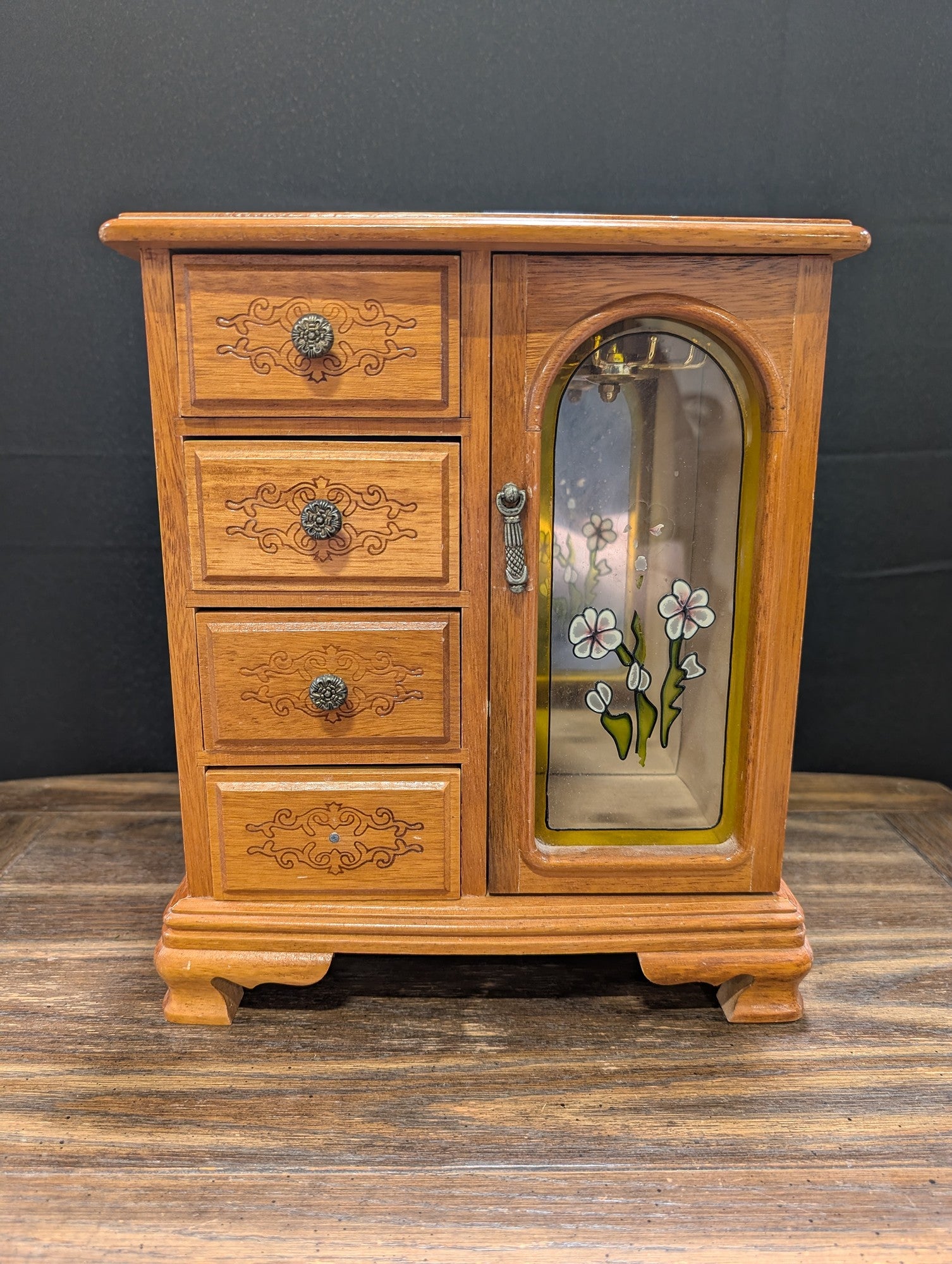 Vintage Wooden Jewelry Box with Floral Glass Door