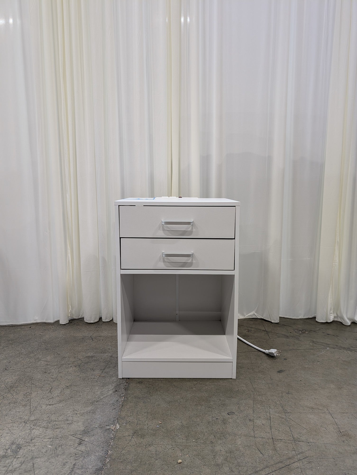 White Two-Drawer Nightstand with Integrated Power