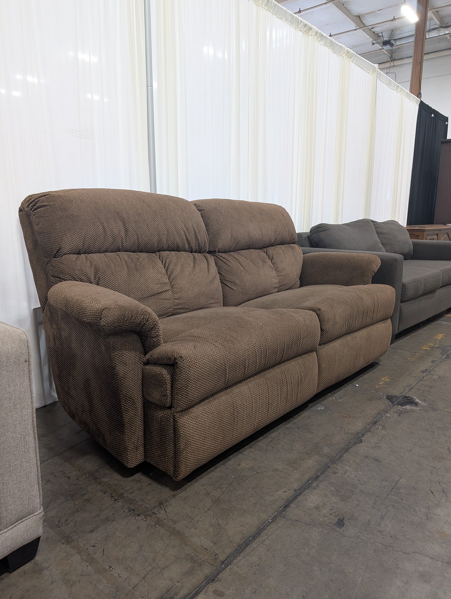Brown Textured Fabric Reclining Couch with Padded Arms