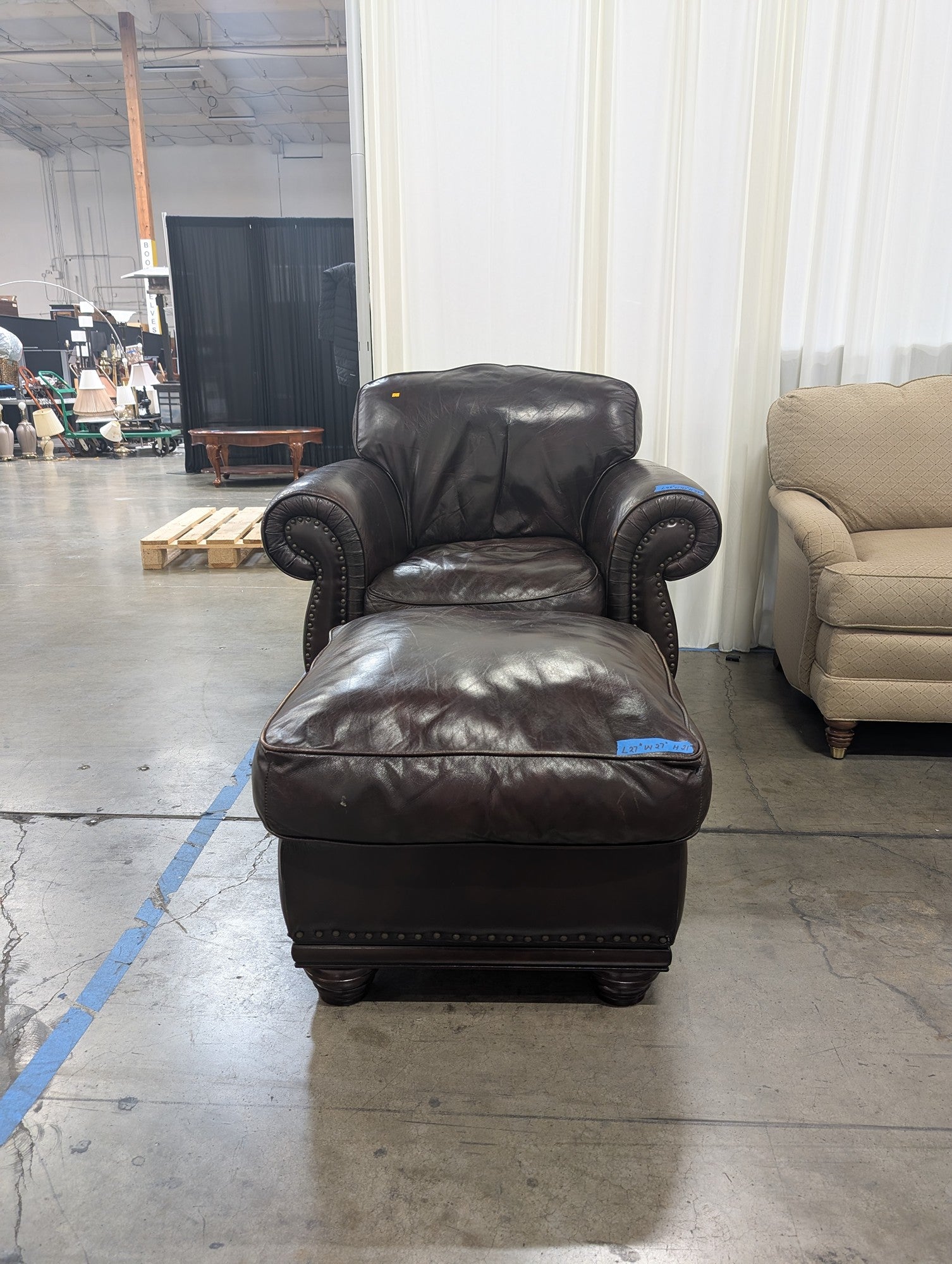 Dark Brown Leather Armchair and Ottoman with Nailhead Trim
