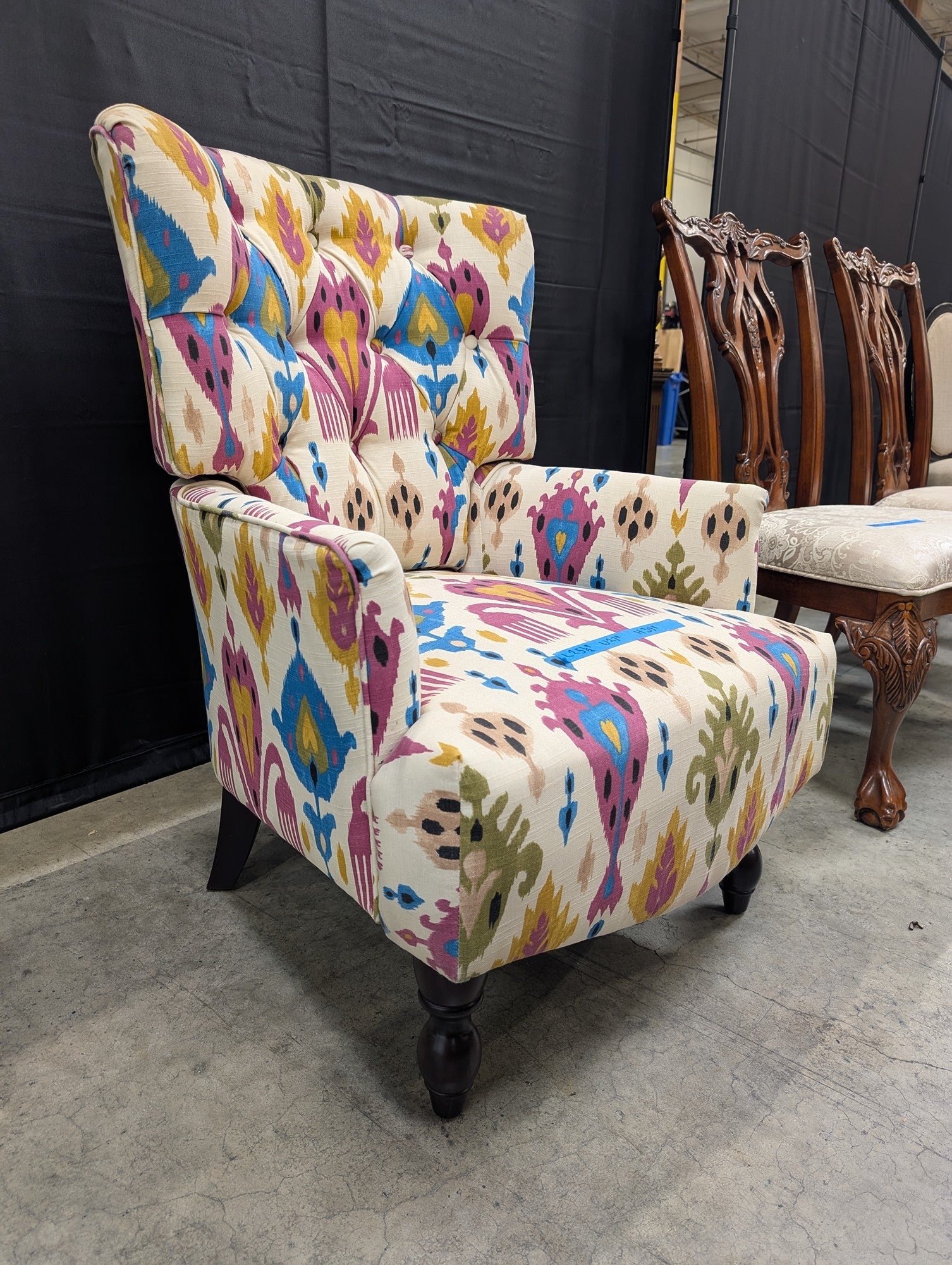 Vibrant Ikat Patterned Tufted Accent Chair