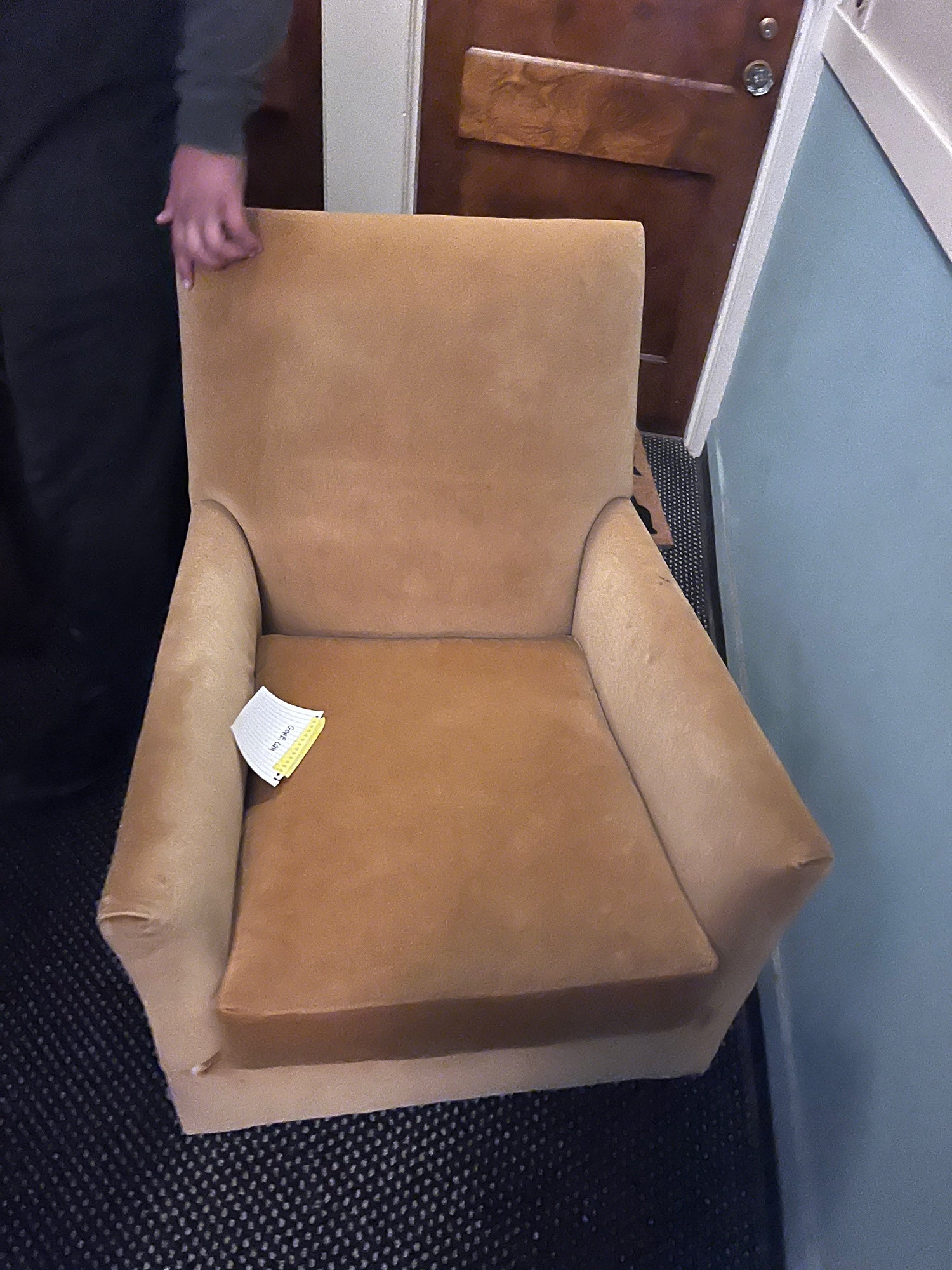 Tan Upholstered Armchair with Square Arms