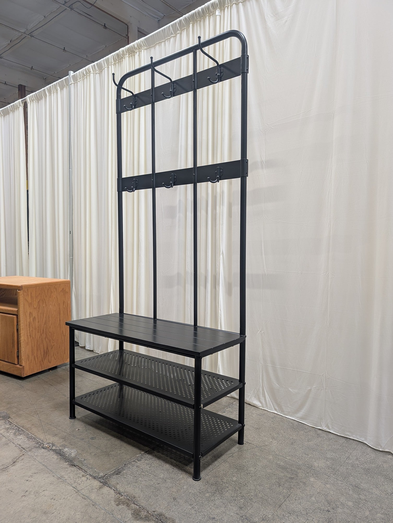 Black Metal Hall Tree with Bench and Shelves