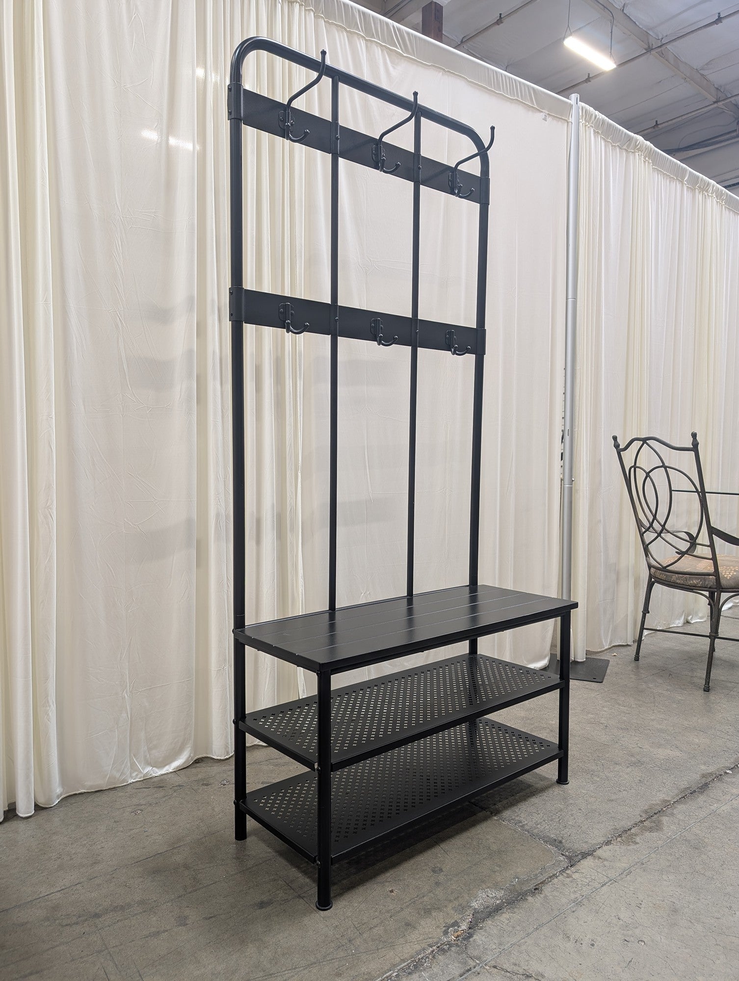 Black Metal Hall Tree with Bench and Shelves