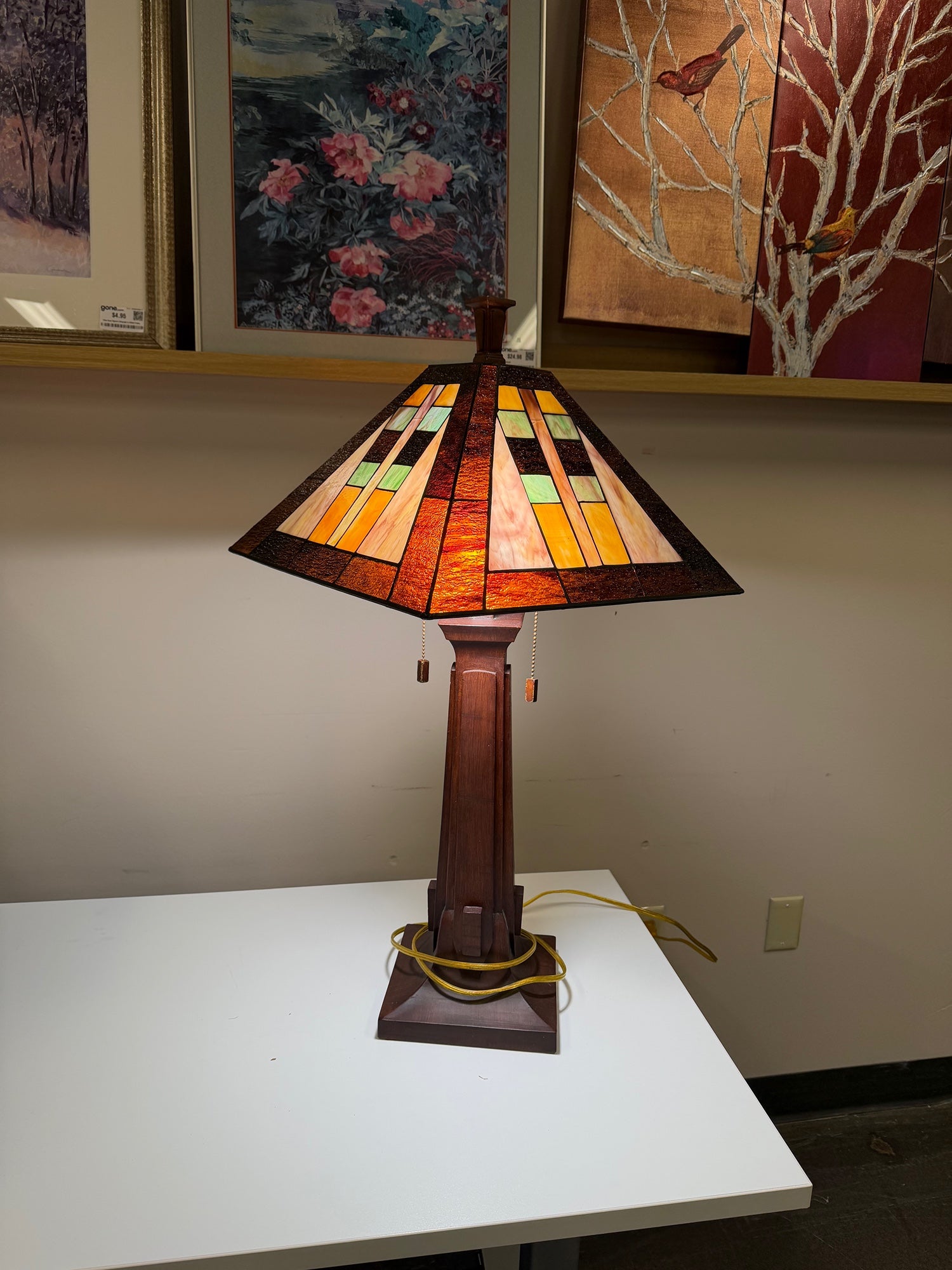 Mission Style Stained Glass Table Lamp with Tapered Wood Base