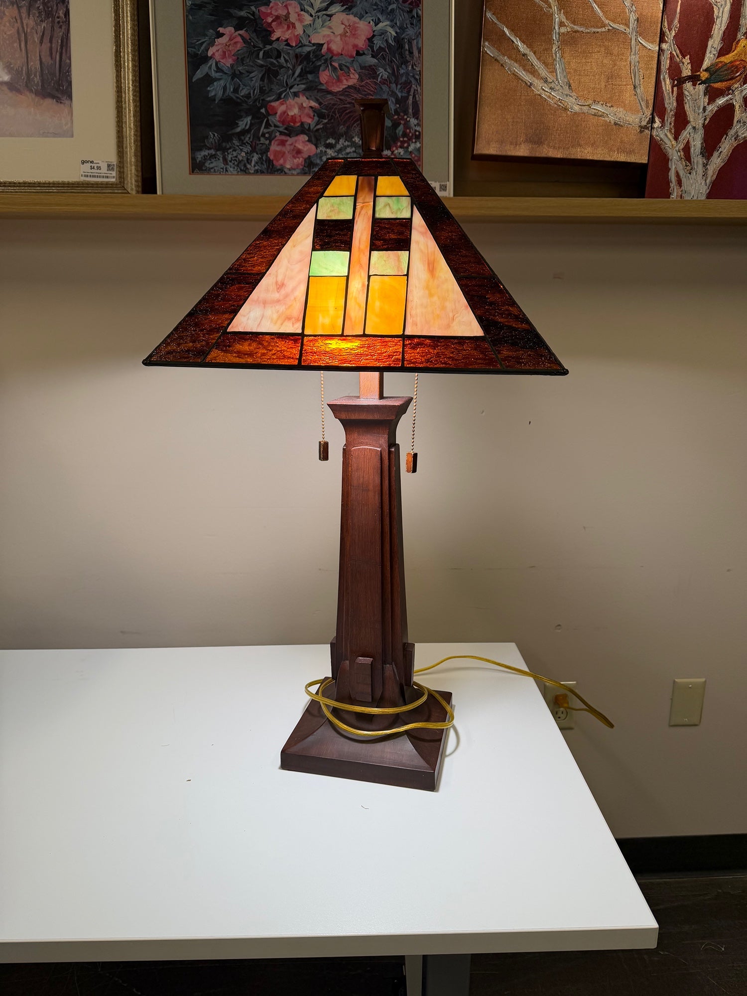 Mission Style Stained Glass Table Lamp with Tapered Wood Base