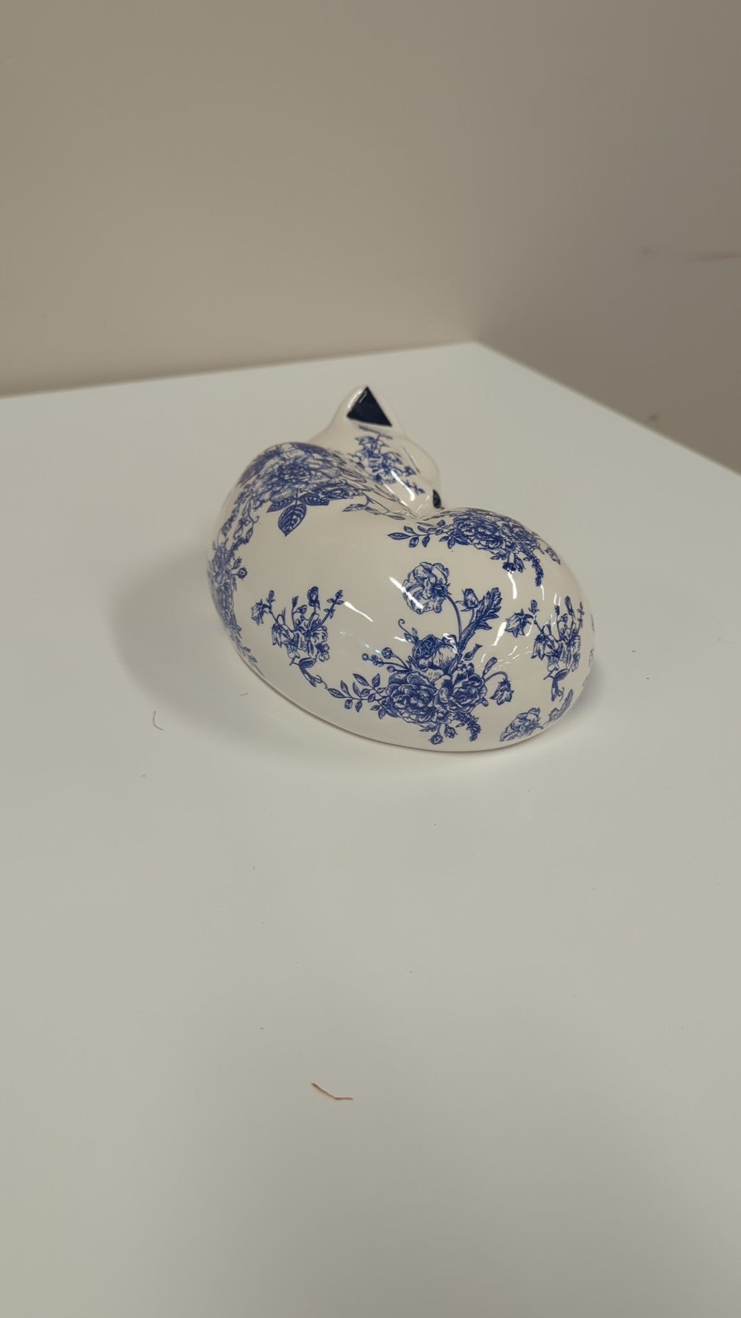 Charming Blue and White Floral Ceramic Sleeping Cat Figurine
