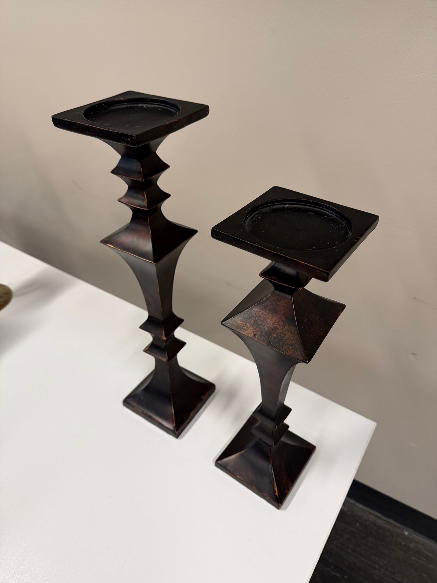 Pair of Distressed Bronze Geometric Pillar Candle Holder