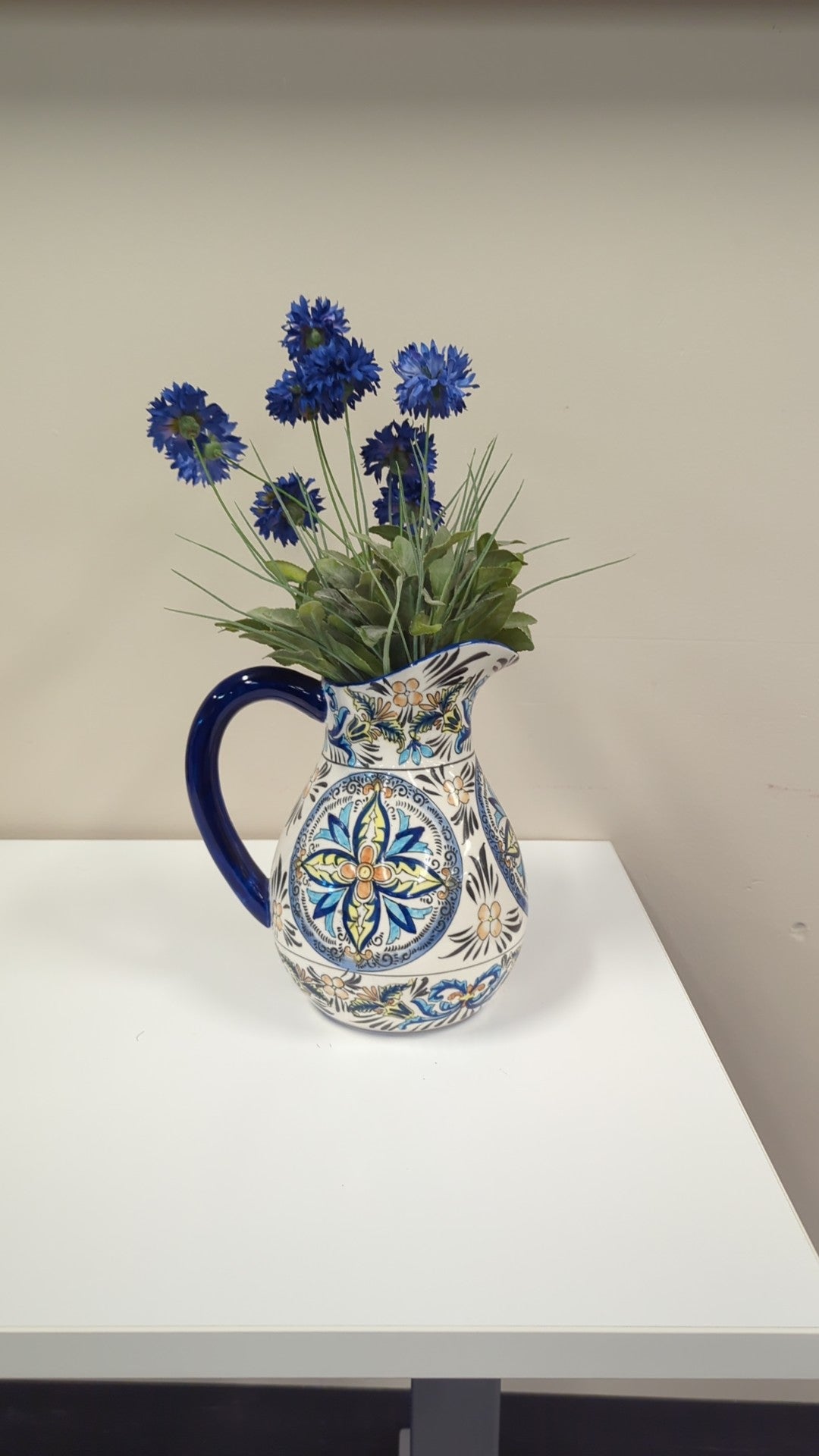 J. Godinger & Co. Hand-Painted Mediterranean Style Ceramic Pitcher Vase