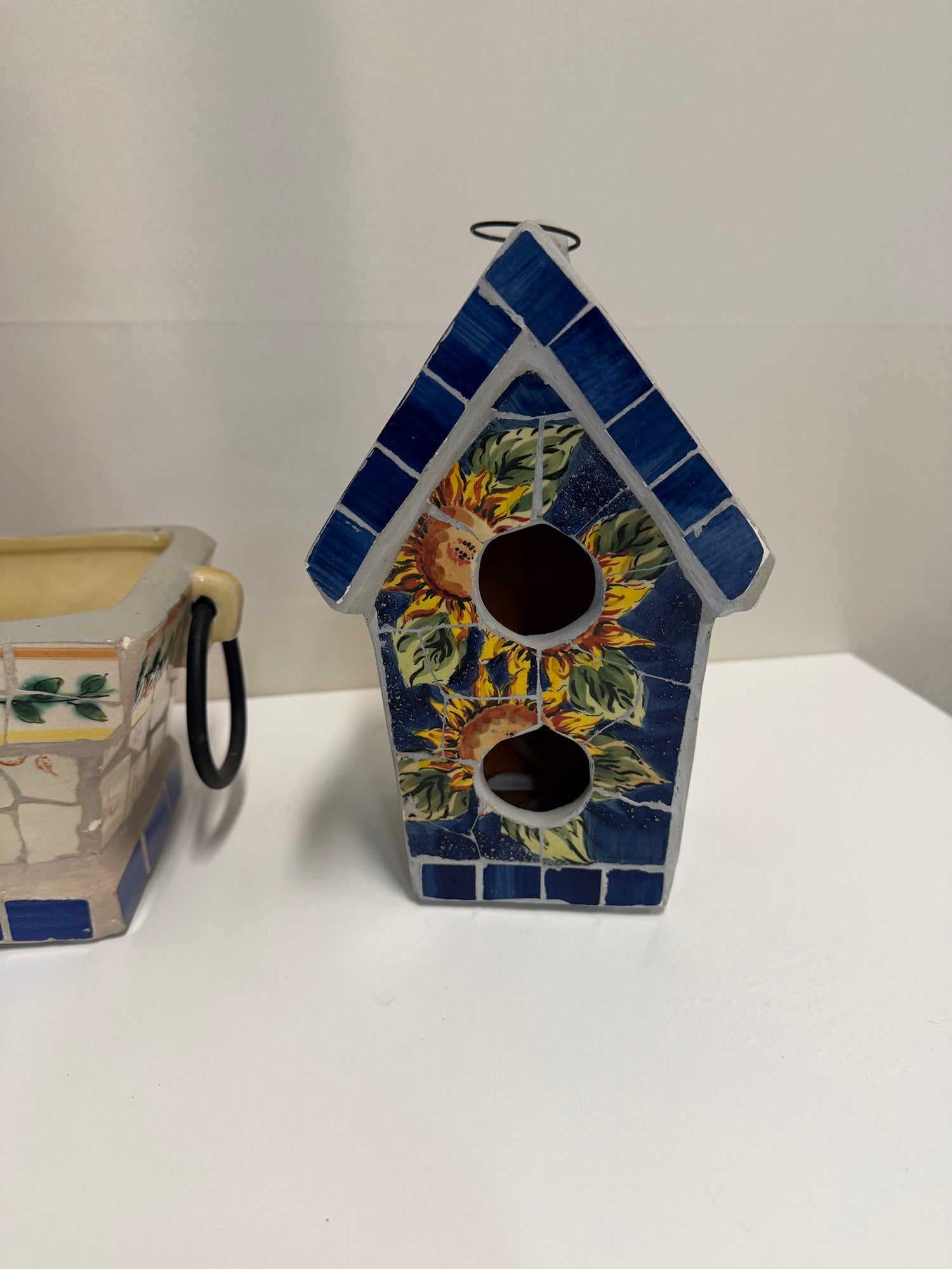 Set of Rustic Mosaic Tile Planter and Sunflower Birdhouse Decor