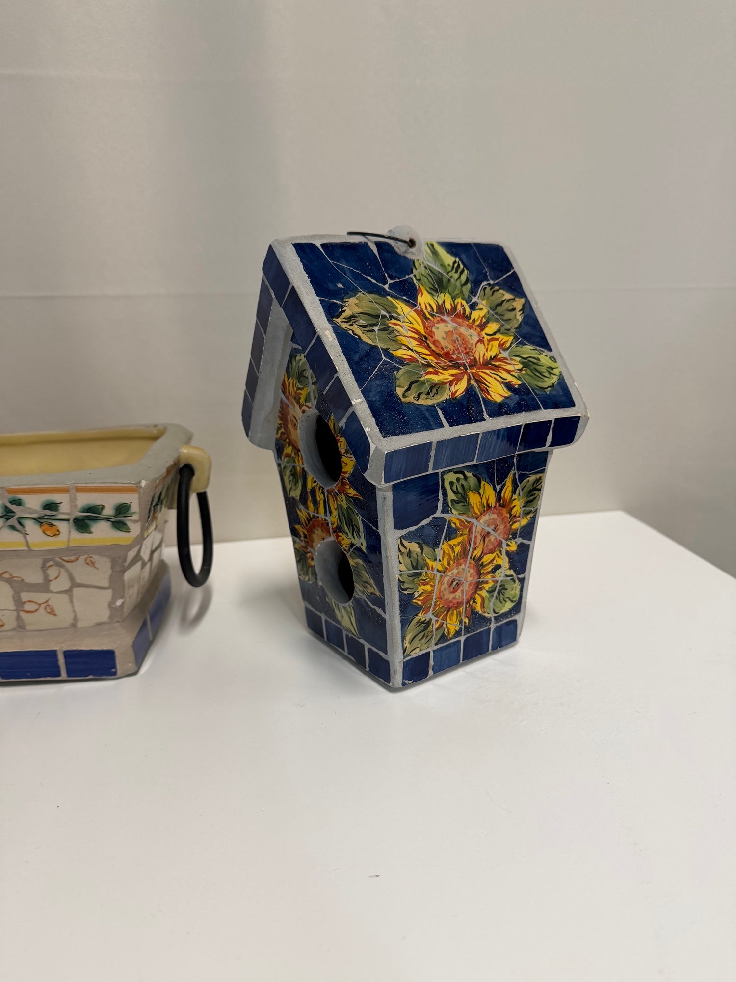 Set of Rustic Mosaic Tile Planter and Sunflower Birdhouse Decor
