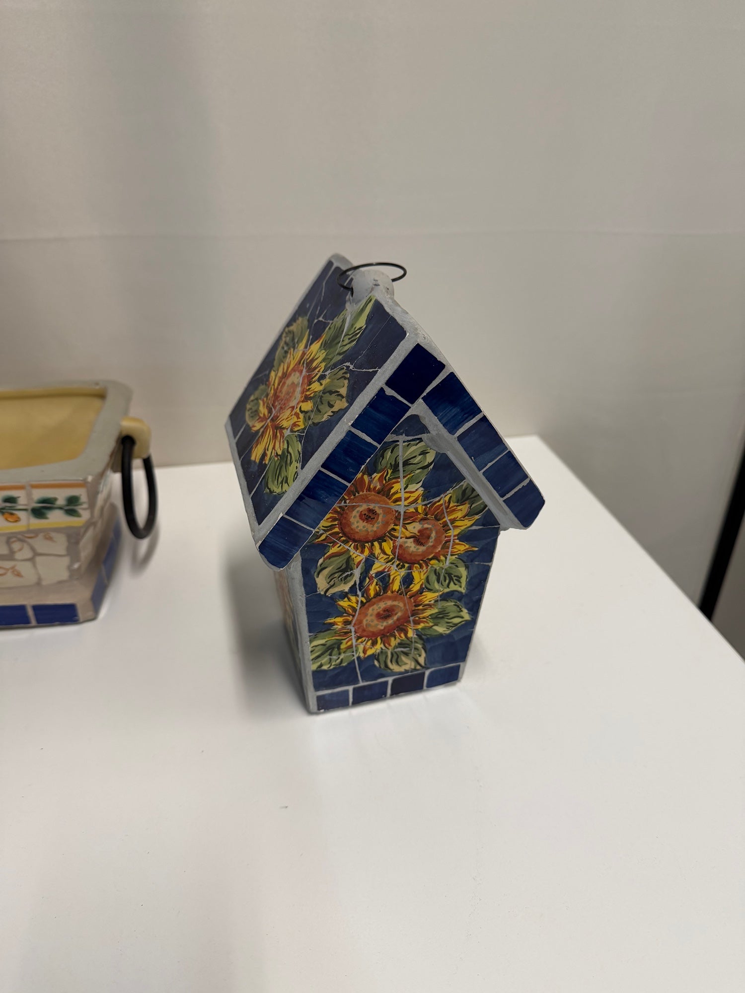 Set of Rustic Mosaic Tile Planter and Sunflower Birdhouse Decor