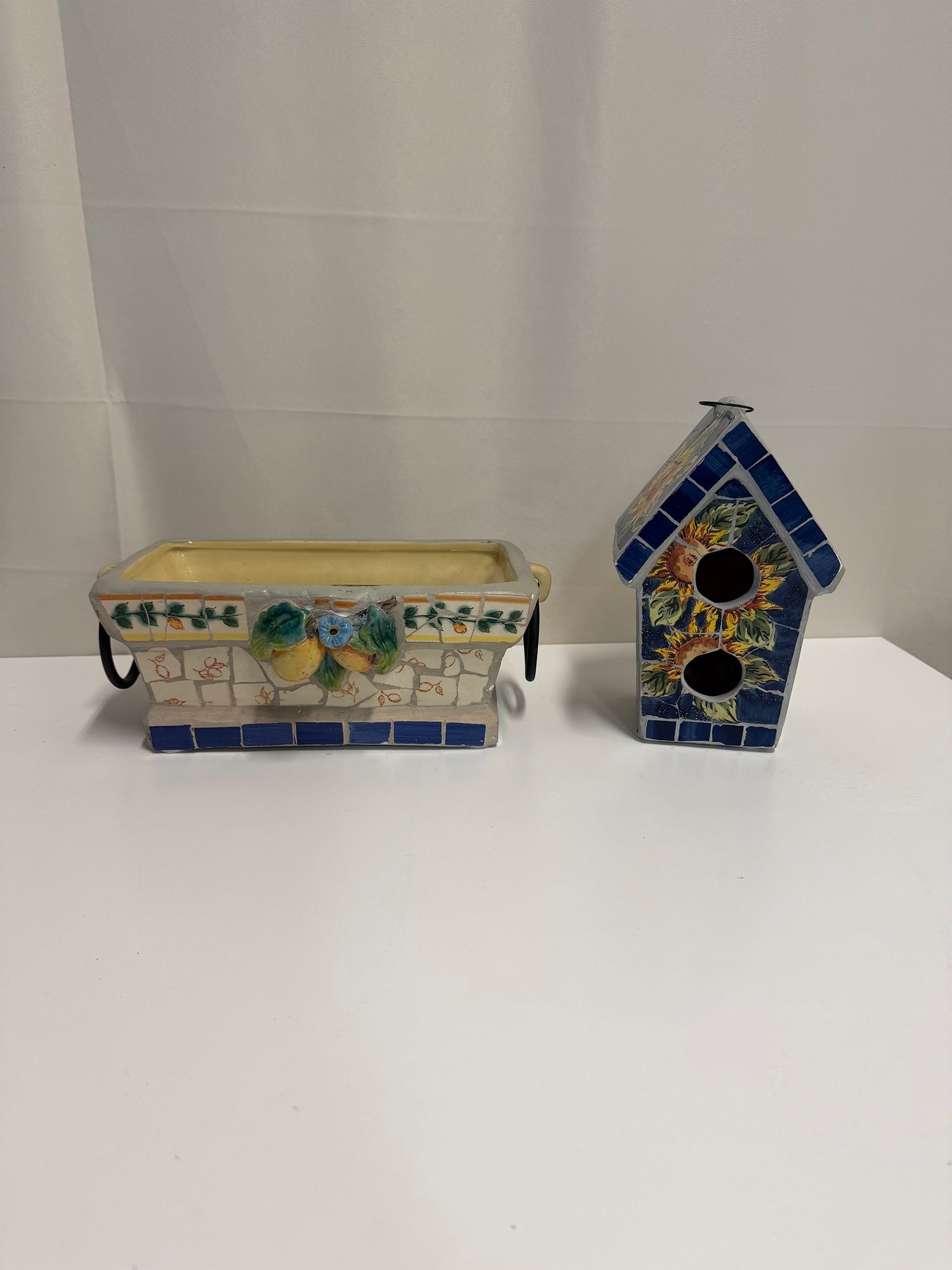 Set of Rustic Mosaic Tile Planter and Sunflower Birdhouse Decor