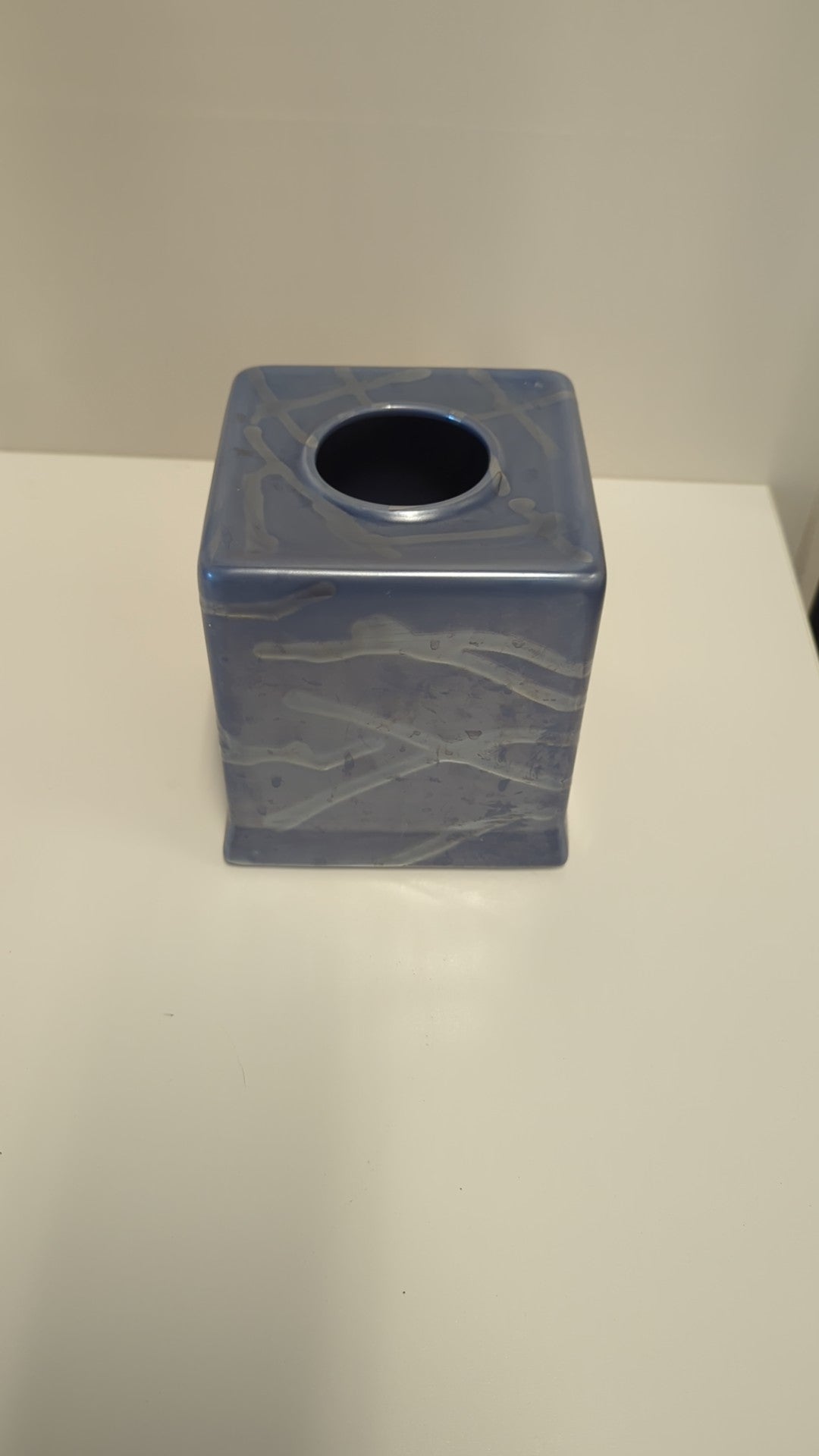 Modern Blue Glazed Ceramic Tissue Holder with Abstract White Design
