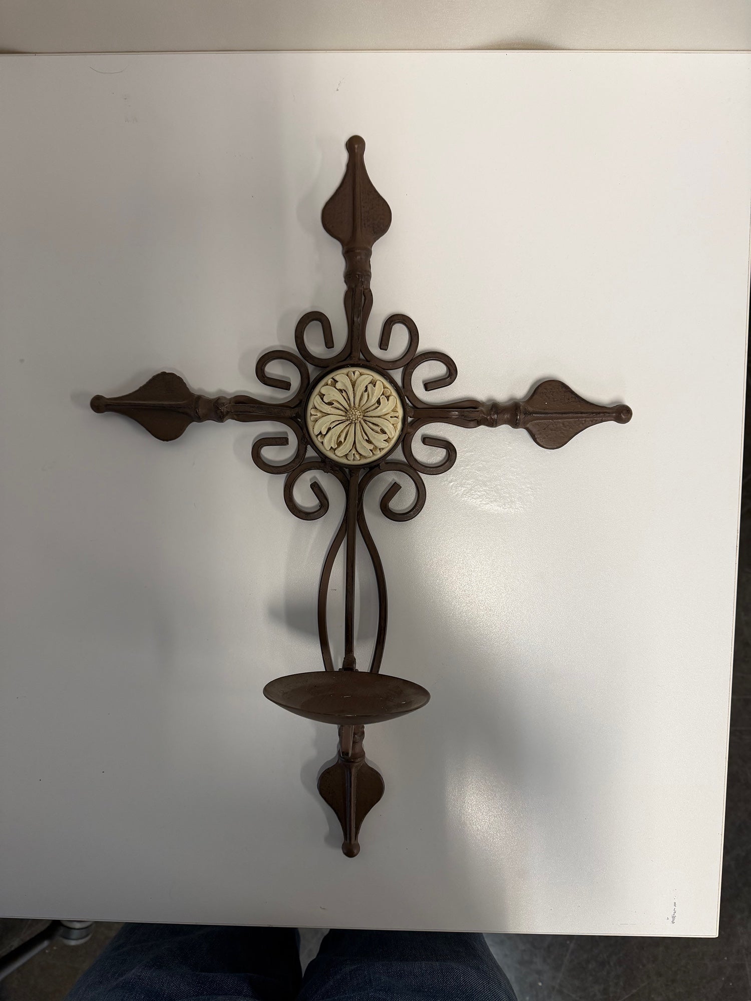 Ornate Metal Wall Cross Candle Holder Sconce