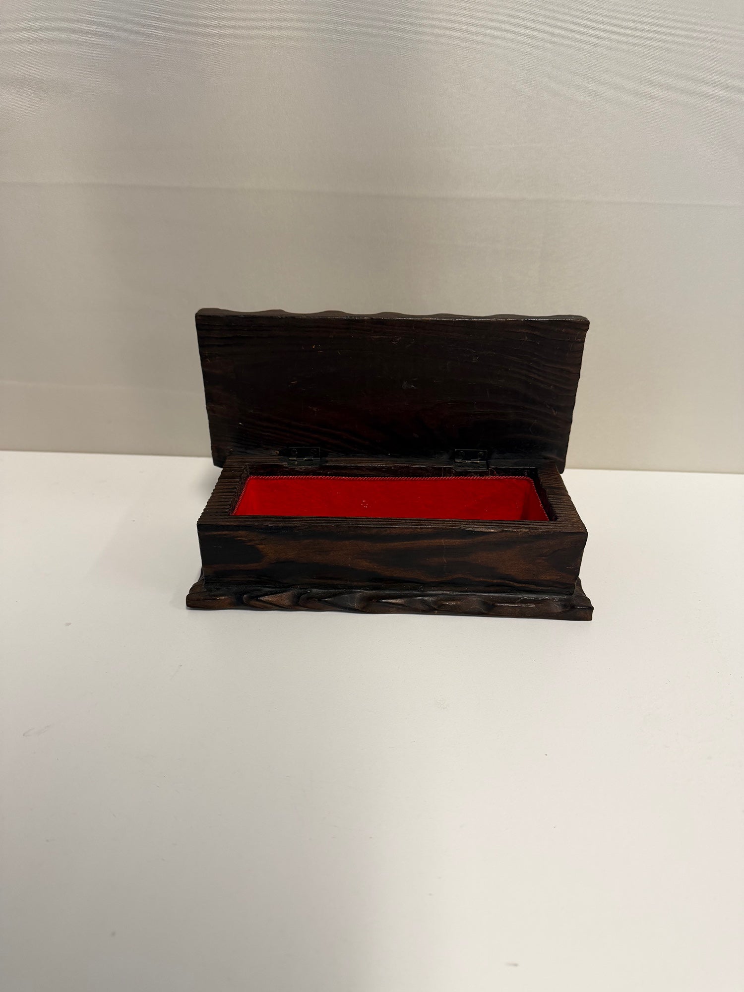 Rustic Carved Wood Trinket Box with Red Fabric Interior