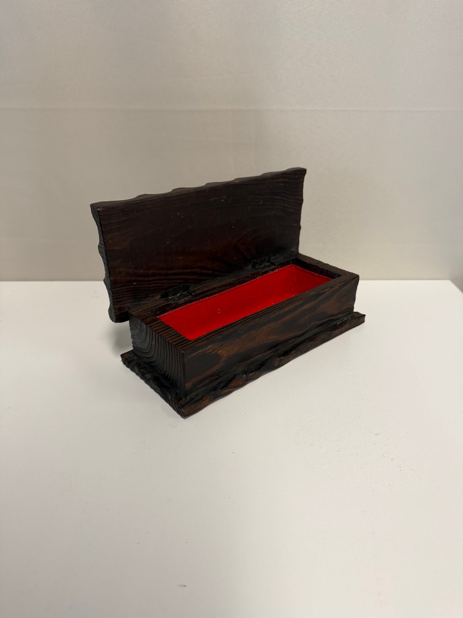 Rustic Carved Wood Trinket Box with Red Fabric Interior