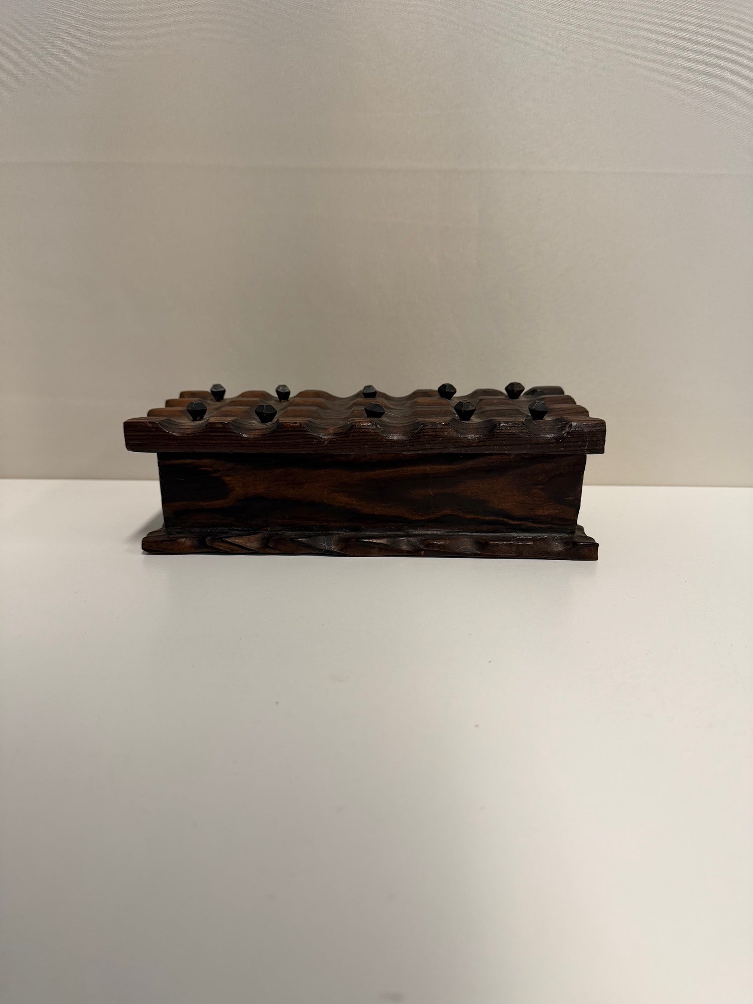 Rustic Carved Wood Trinket Box with Red Fabric Interior