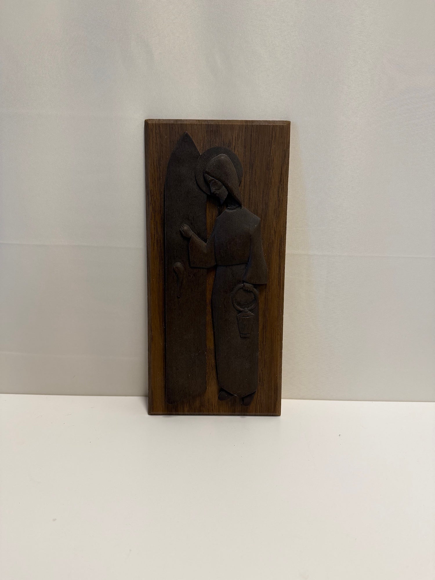 Vintage Dark Wood Relief Carving Religious Figure Wall Plaque