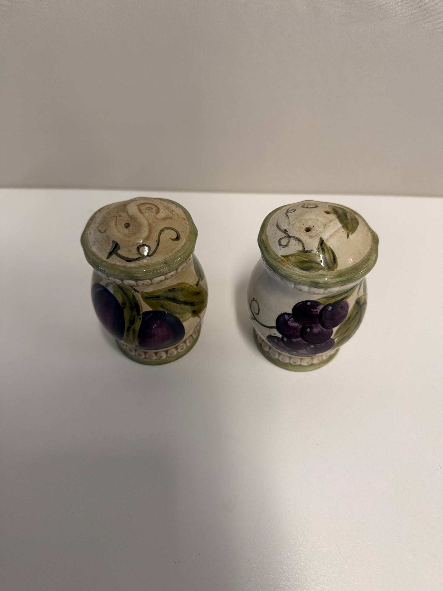 Pair of Hand-Painted Ceramic Fruit Motif Salt and Pepper Shaker