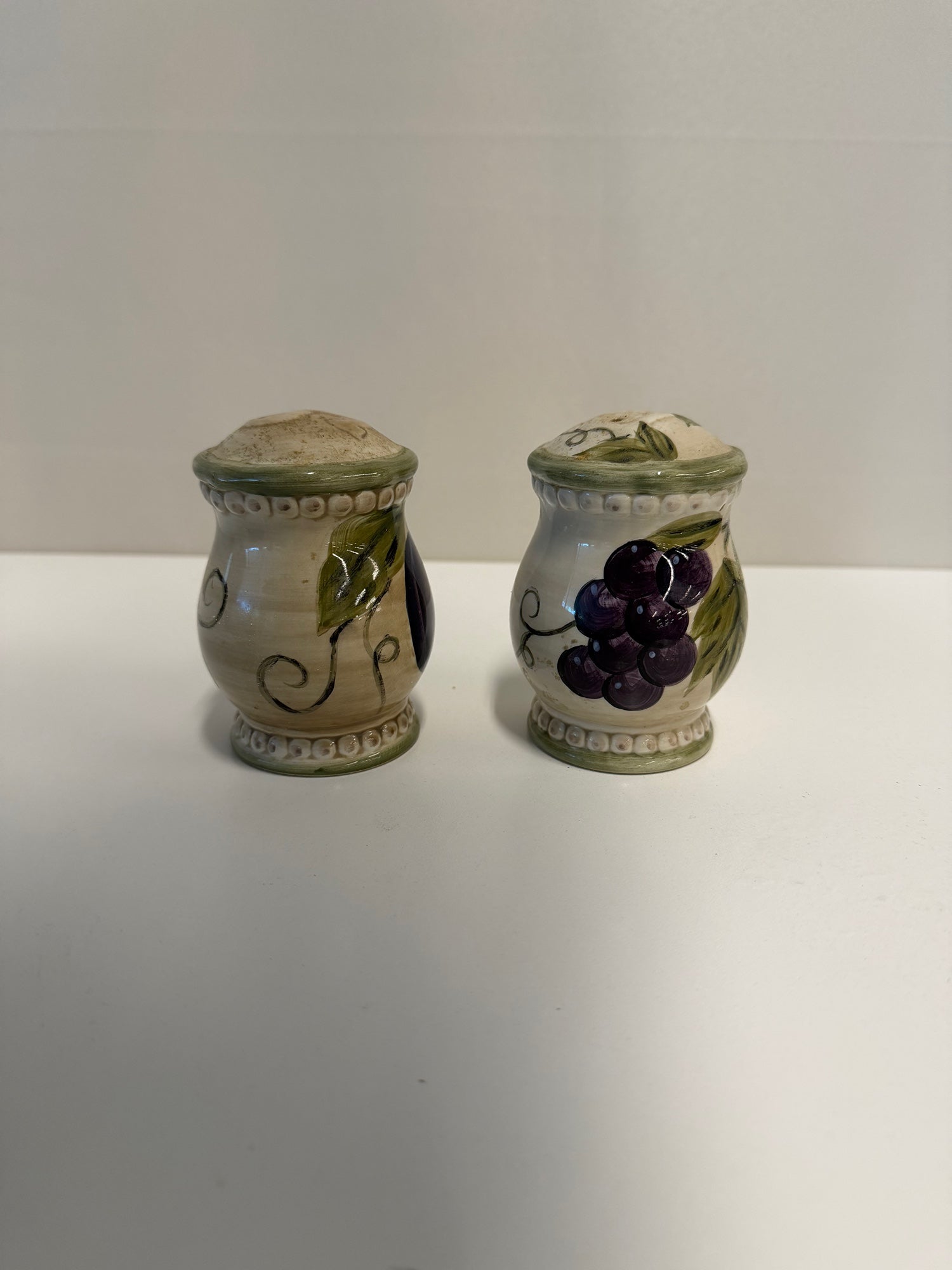 Pair of Hand-Painted Ceramic Fruit Motif Salt and Pepper Shaker