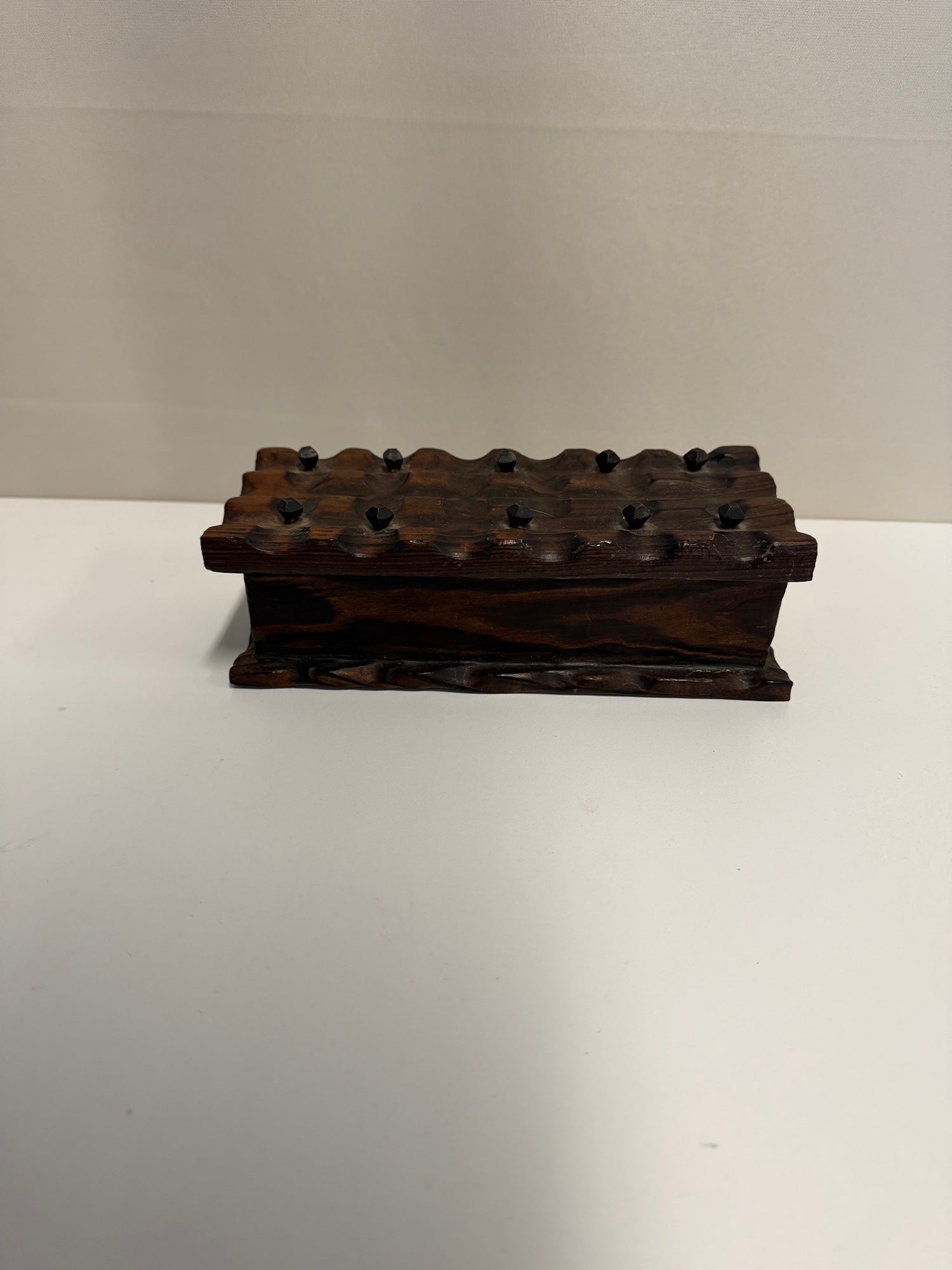 Rustic Carved Wood Trinket Box with Red Fabric Interior