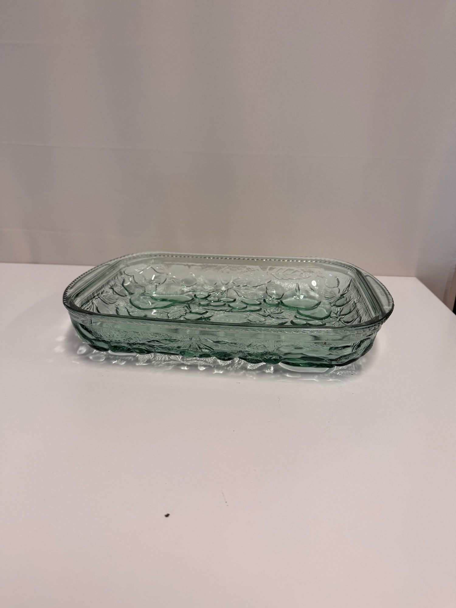 Vintage Aqua Glass Fruit Embossed Oven-Proof Baking Dish