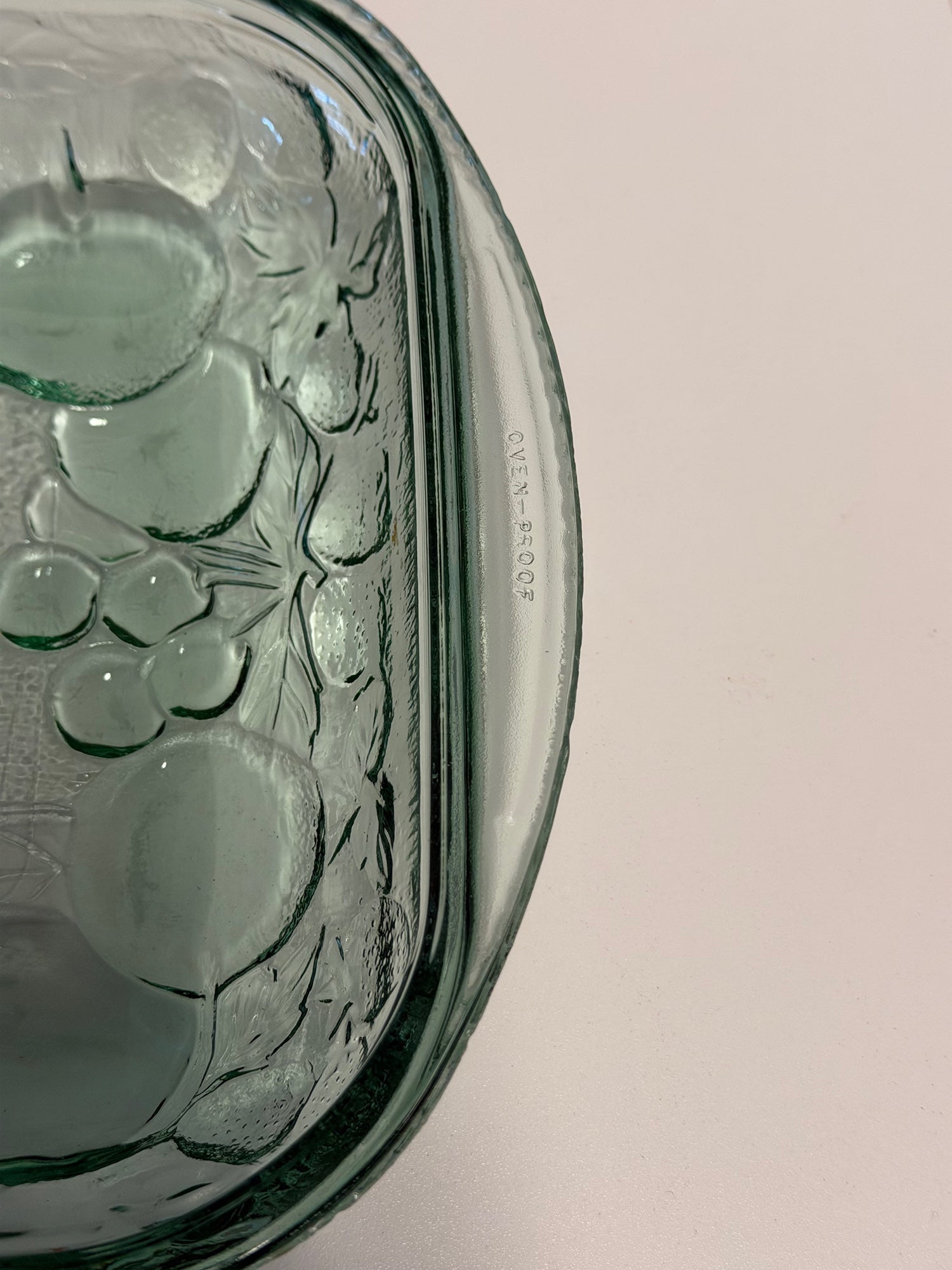 Vintage Aqua Glass Fruit Embossed Oven-Proof Baking Dish
