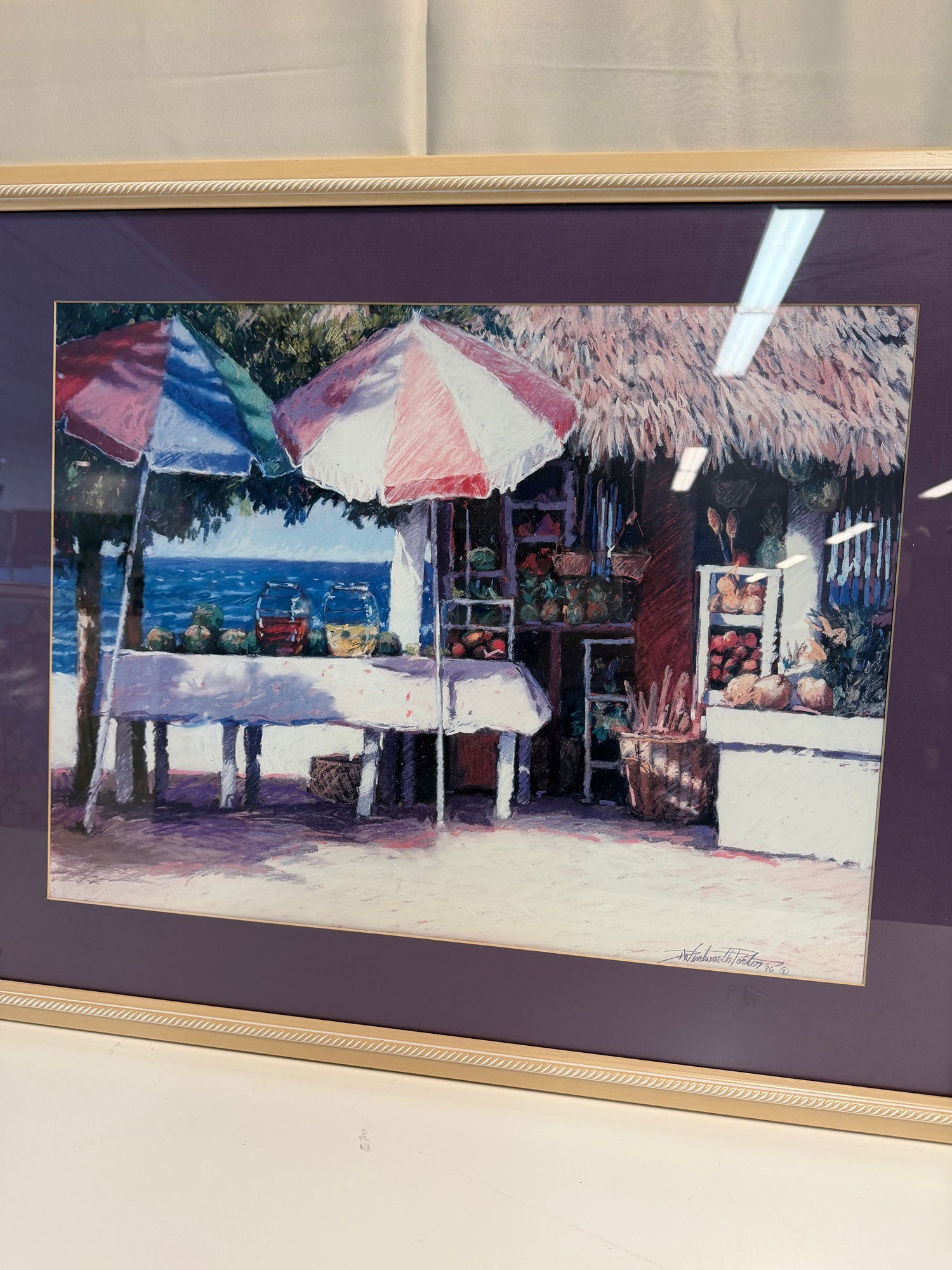 1996 Tropical Market Scene Framed Artwork by Dennis Wintworth Porter