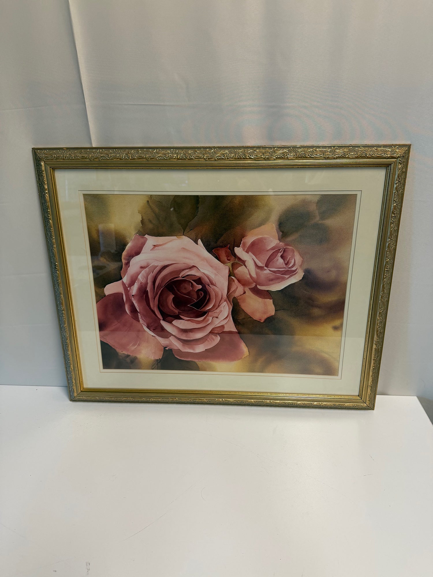 Botanical Rose Floral Art Print in Ornate Gold Frame