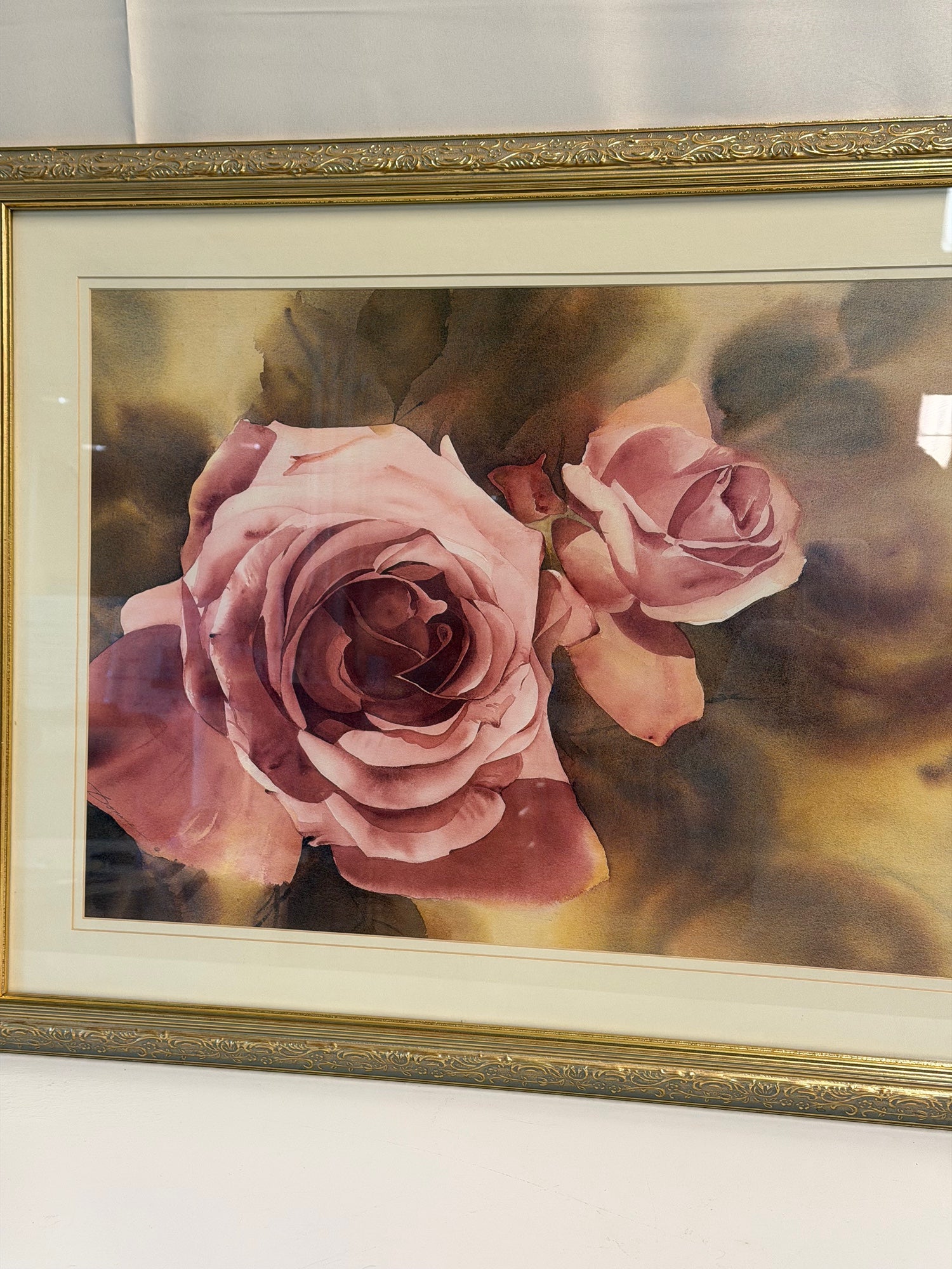 Botanical Rose Floral Art Print in Ornate Gold Frame