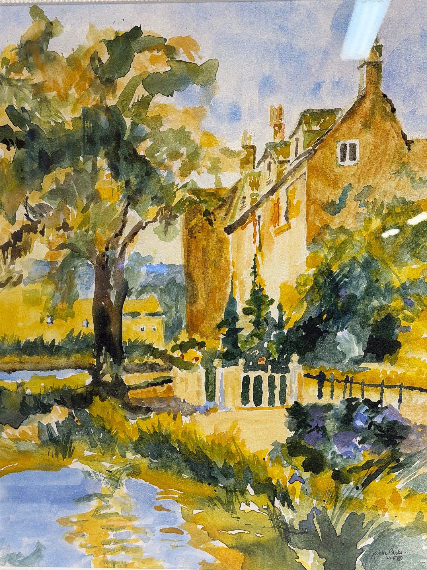 Jakki Parks 2015 Original Watercolor Painting 'French Chalet' Framed Landscape Art