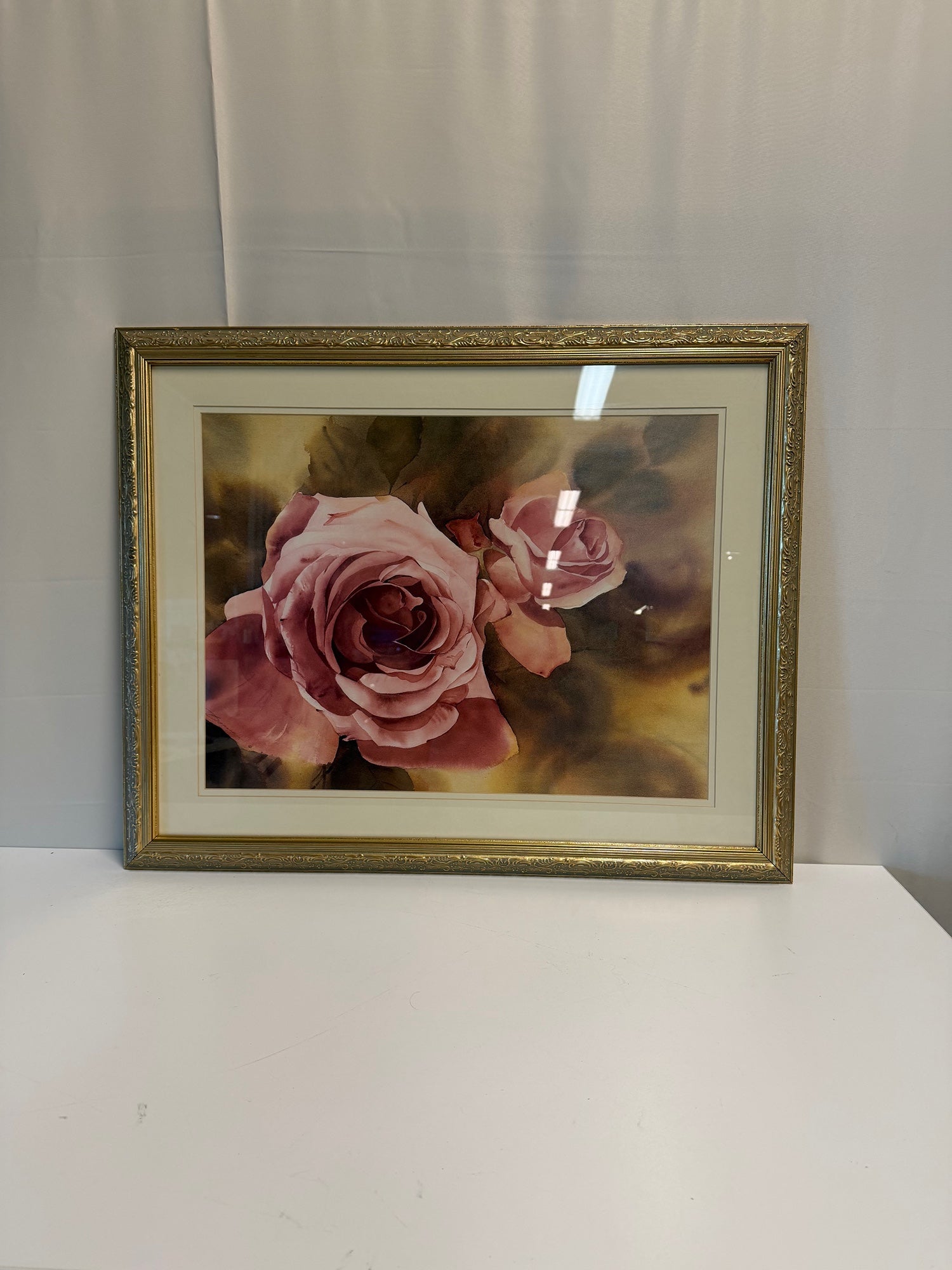 Botanical Rose Floral Art Print in Ornate Gold Frame