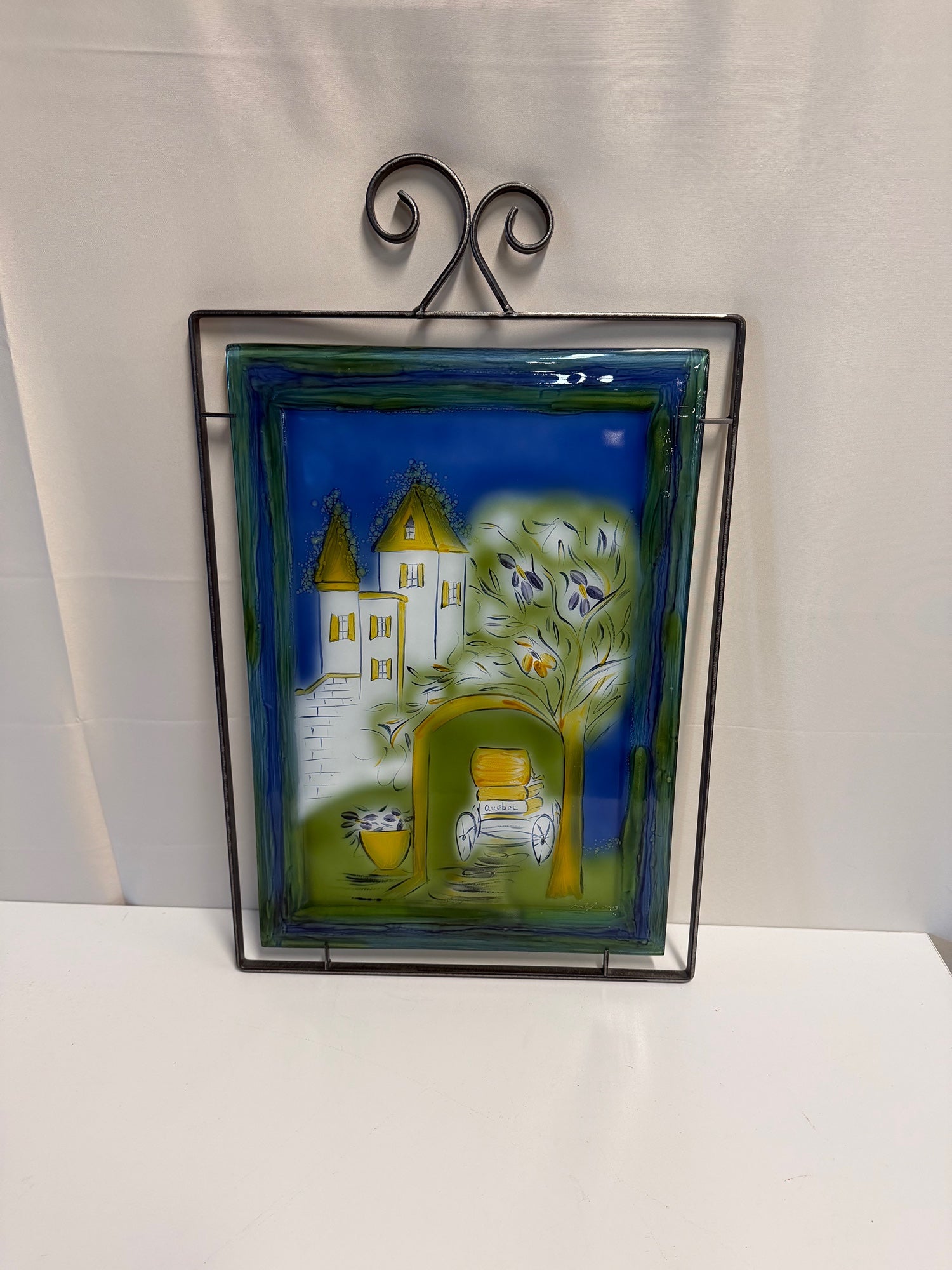 Decorative Glass Art Panel with Québec Castle and Cart Scene, Metal Scroll Frame