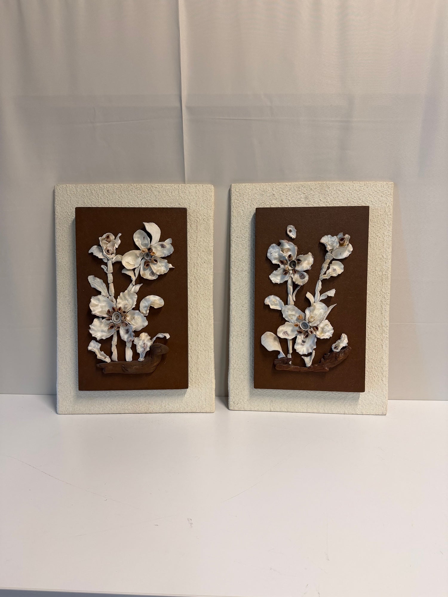 Pair of MCM Coastal Shell Floral Relief Wall Art