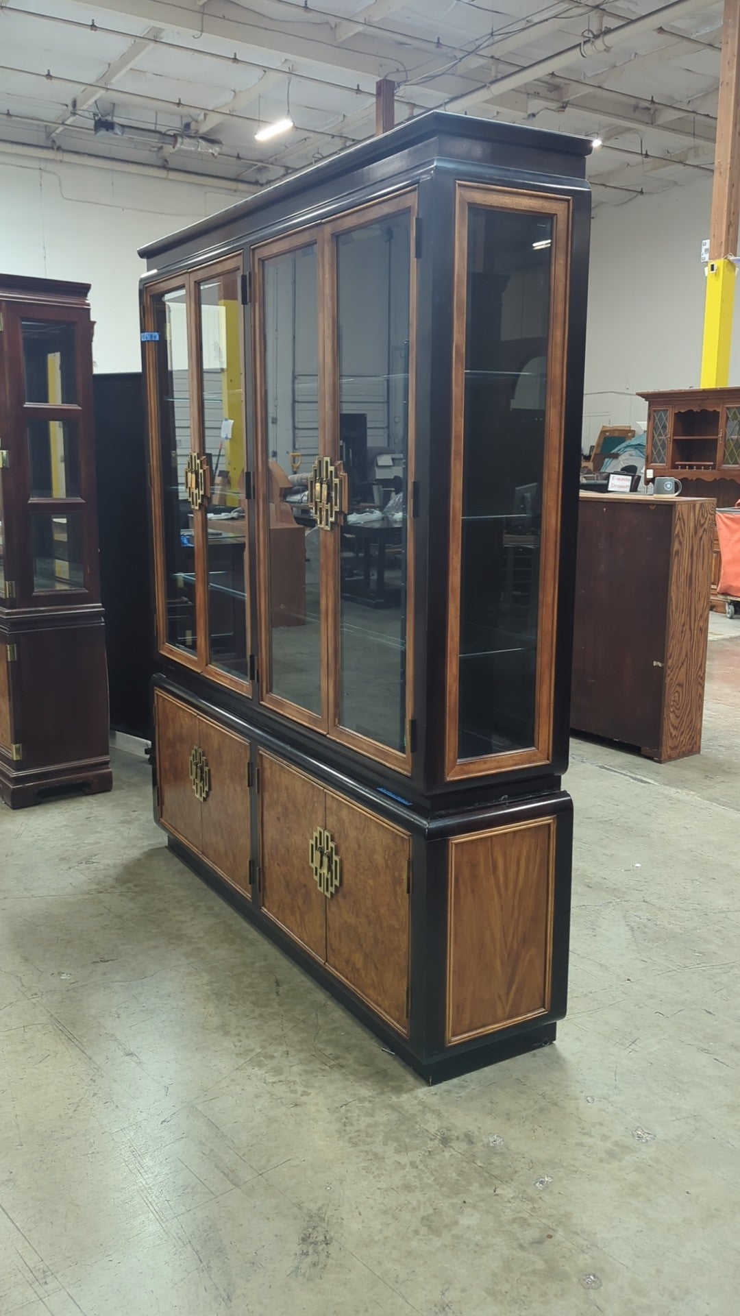 Dark Wood Burl Chinoiserie China Cabinet with Ornate Hardware