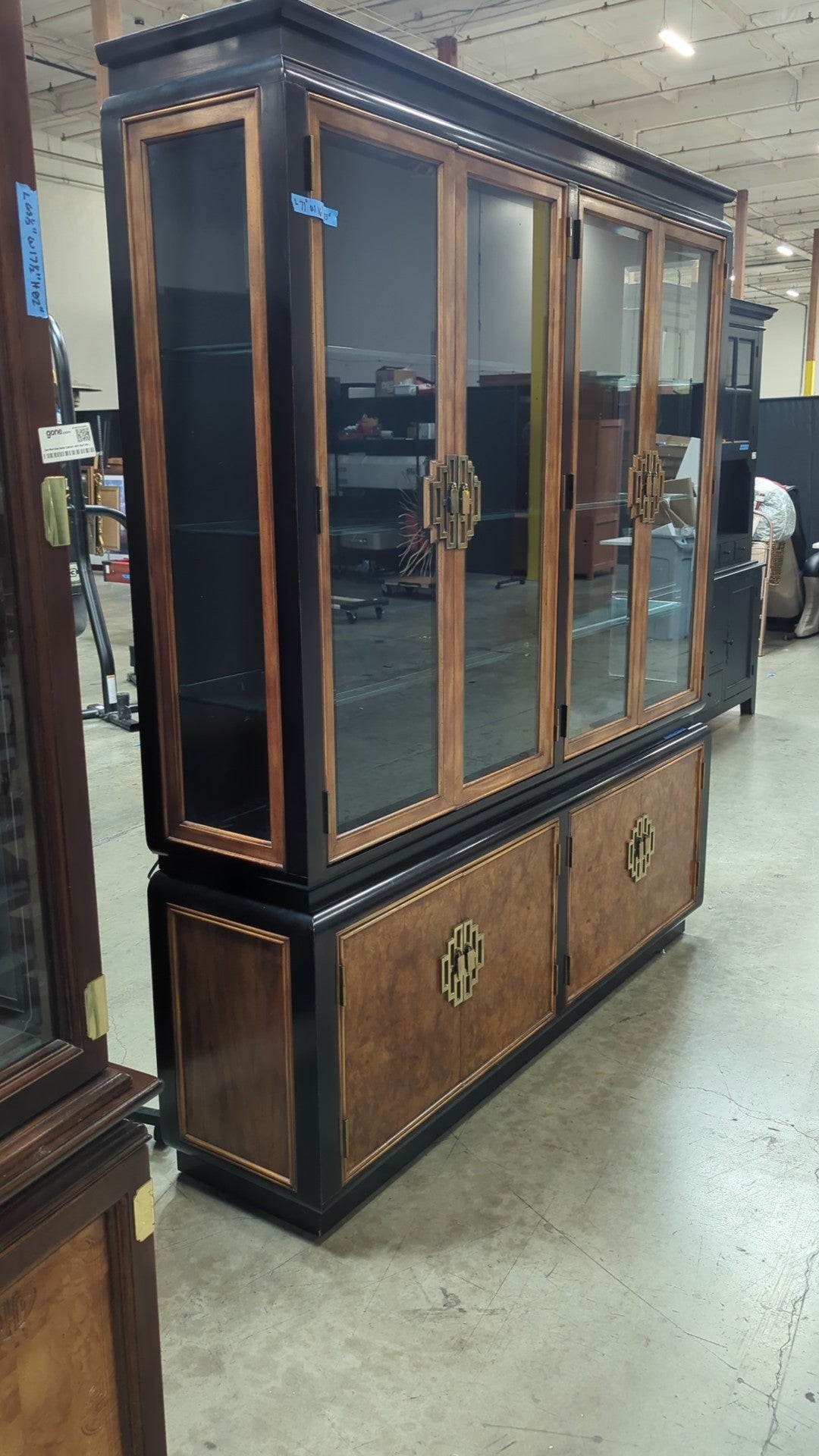Dark Wood Burl Chinoiserie China Cabinet with Ornate Hardware