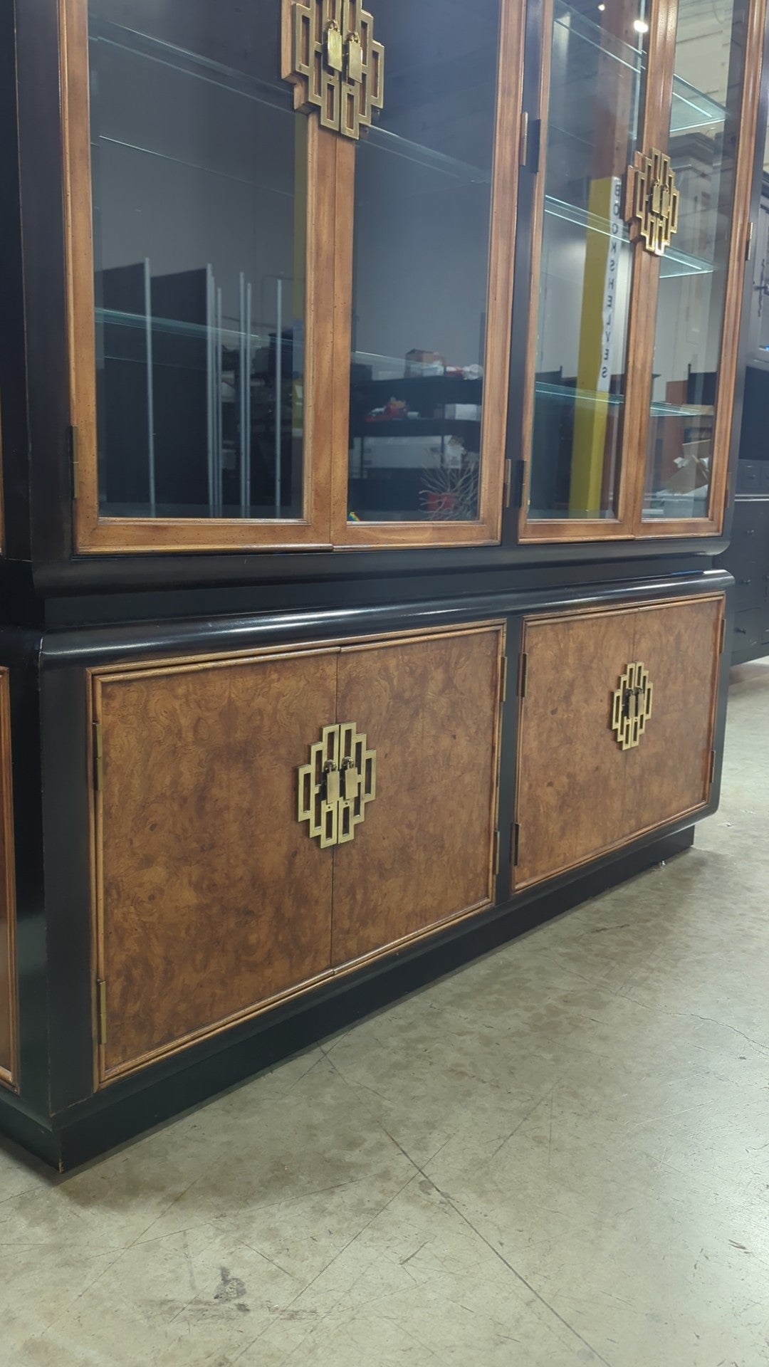 Dark Wood Burl Chinoiserie China Cabinet with Ornate Hardware