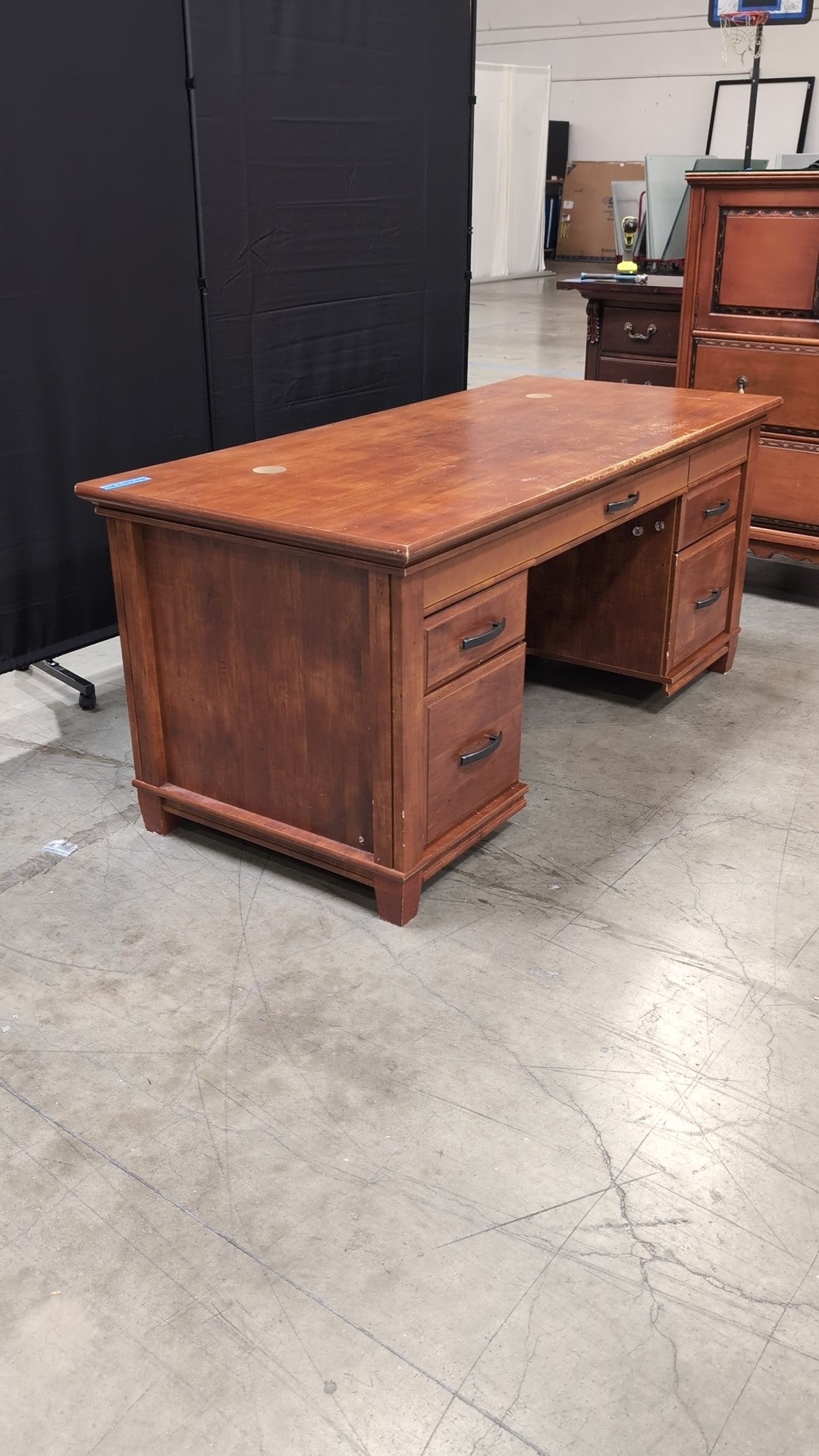 Traditional Brown Wood Five-Drawer Desk with Fluted Paneling